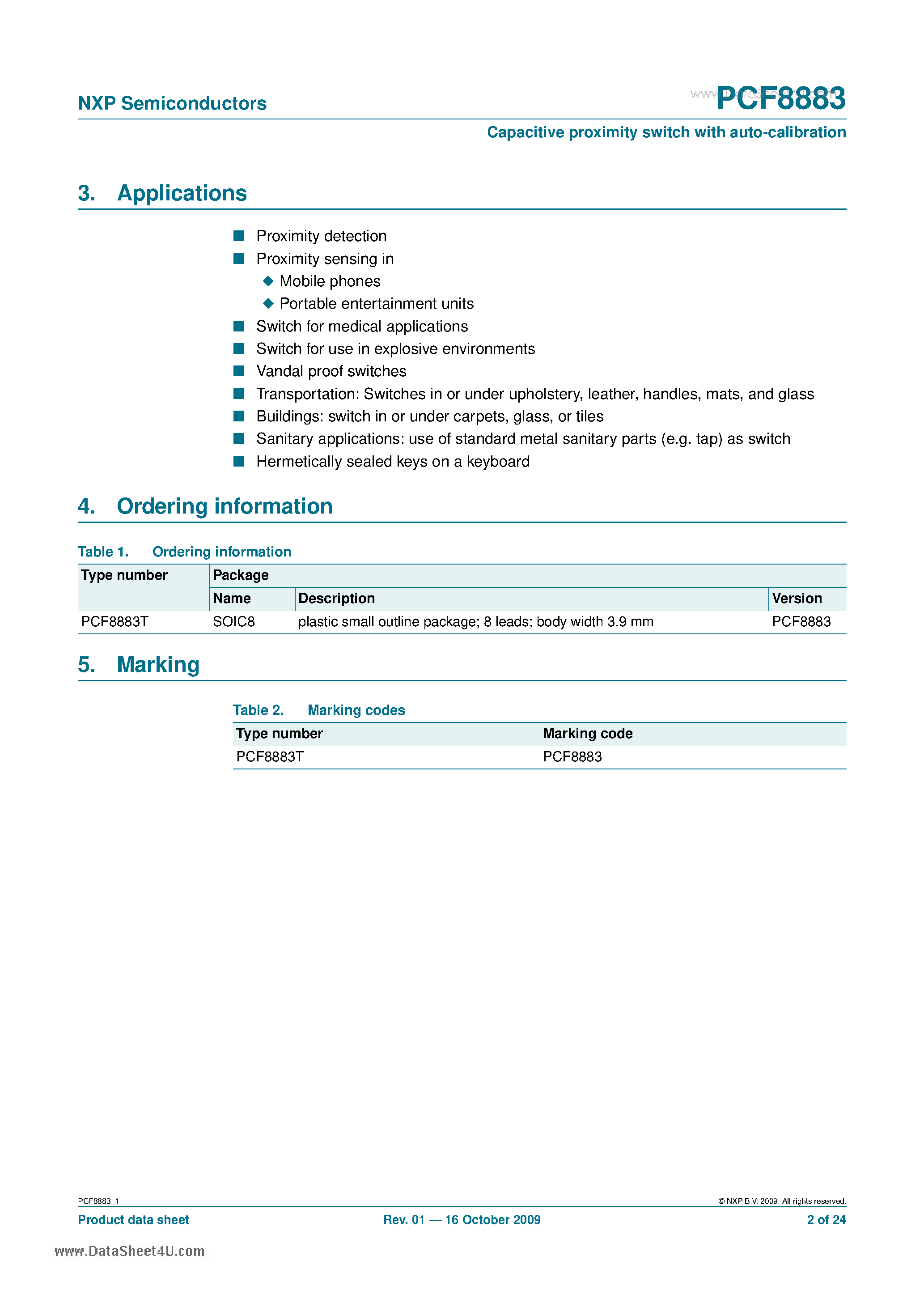 Datasheet PCF8883 page 2 Datasheet PCF8883 - Capacitive proximity switch page 2