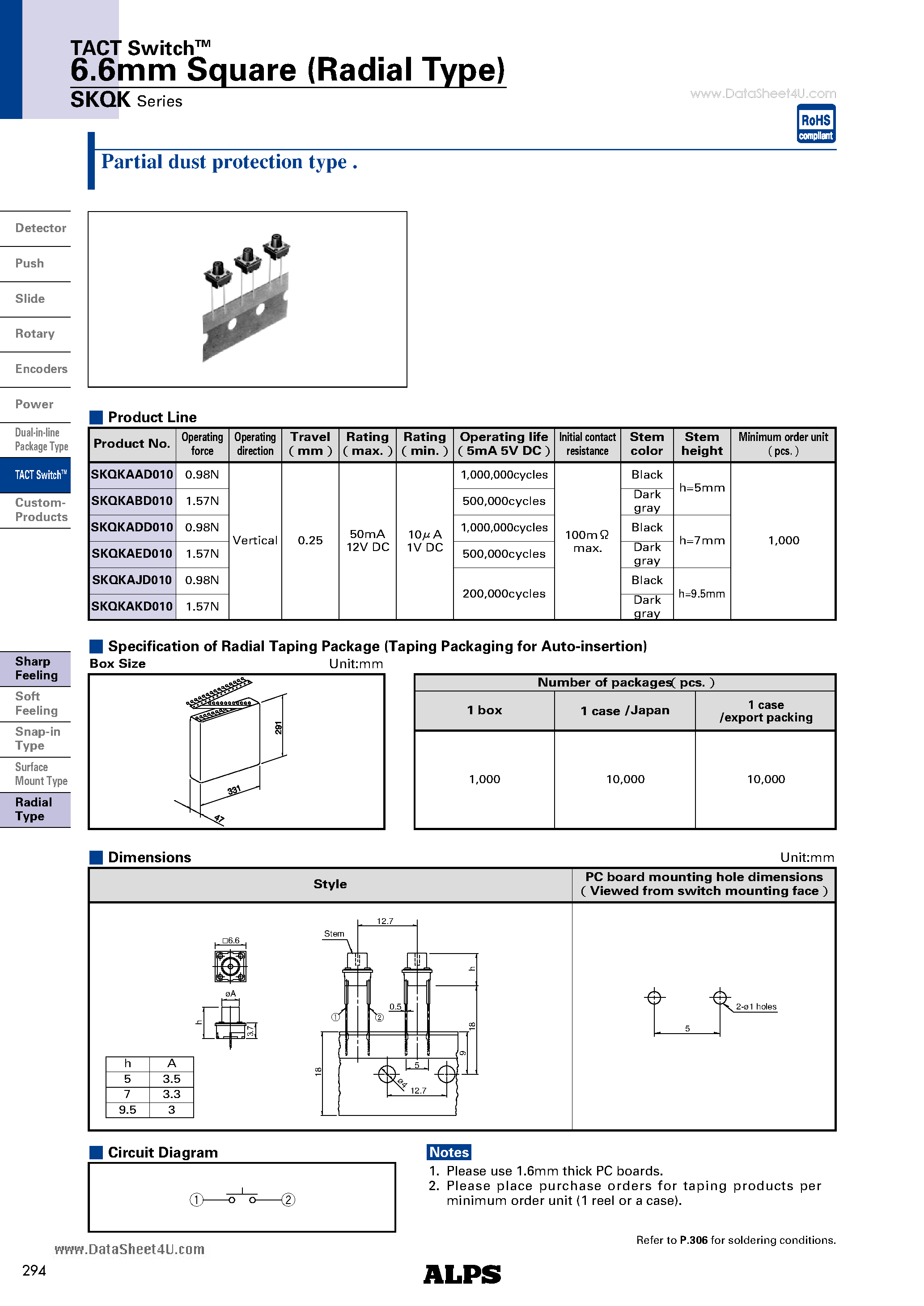 Datasheet SKQK - 6.6mm Square (Radial Type) page 1