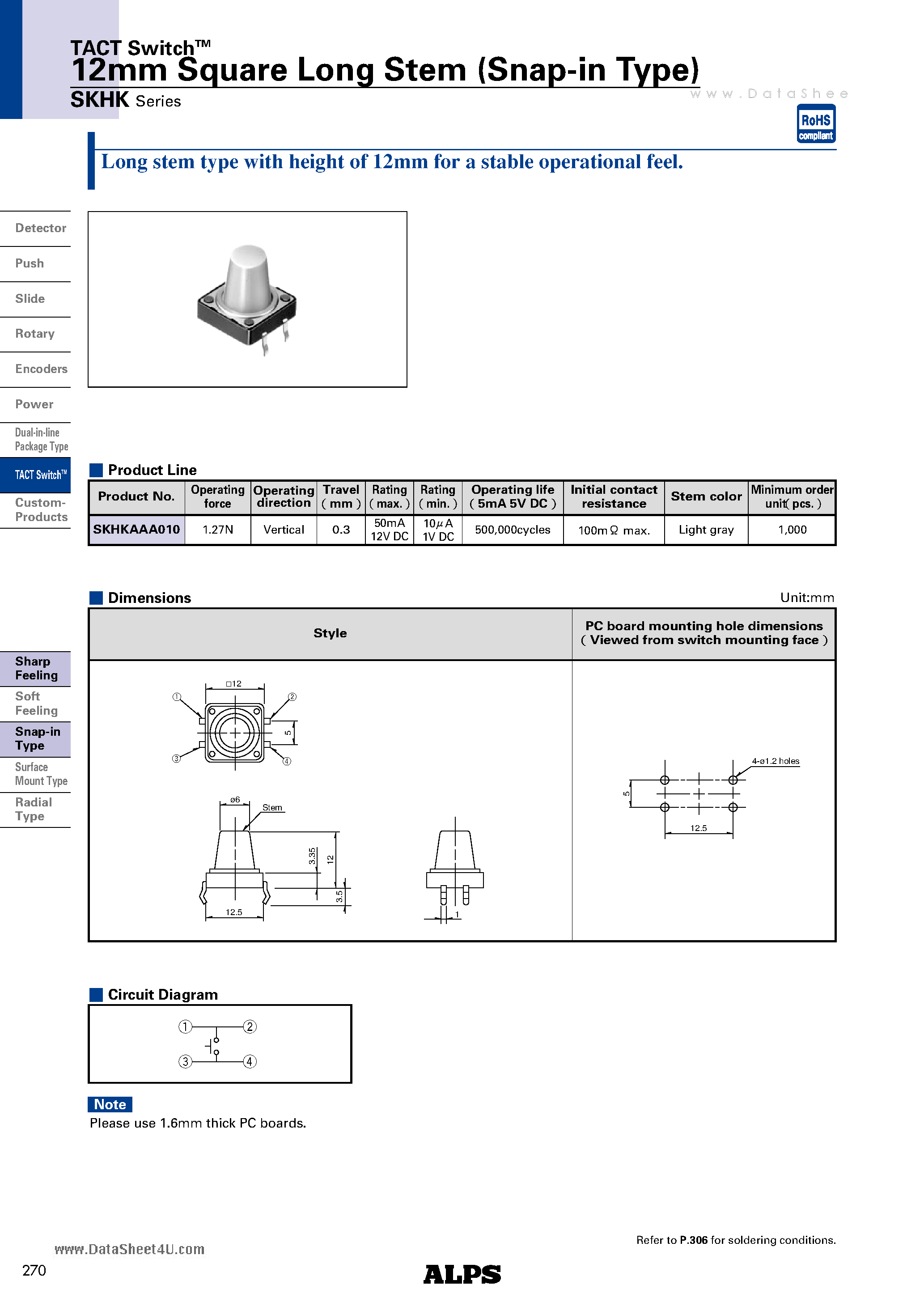 Даташит на микросхему SKHK страница 1 Даташит SKHK - 12mm Square Long Stem страница 1