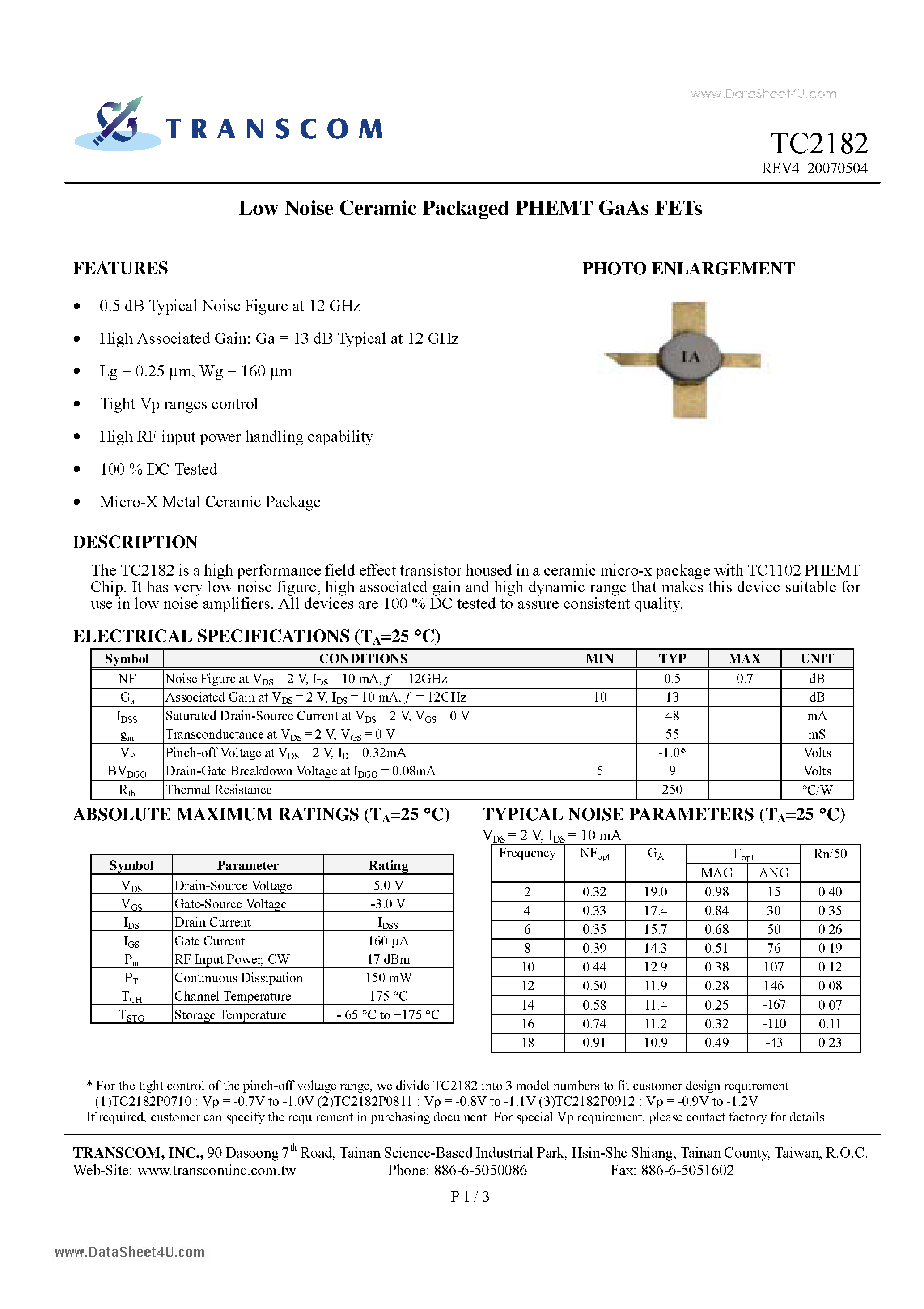 Datasheet TC2182 - Low Noise Ceramic Packaged PHEMT GaAs FETs page 1