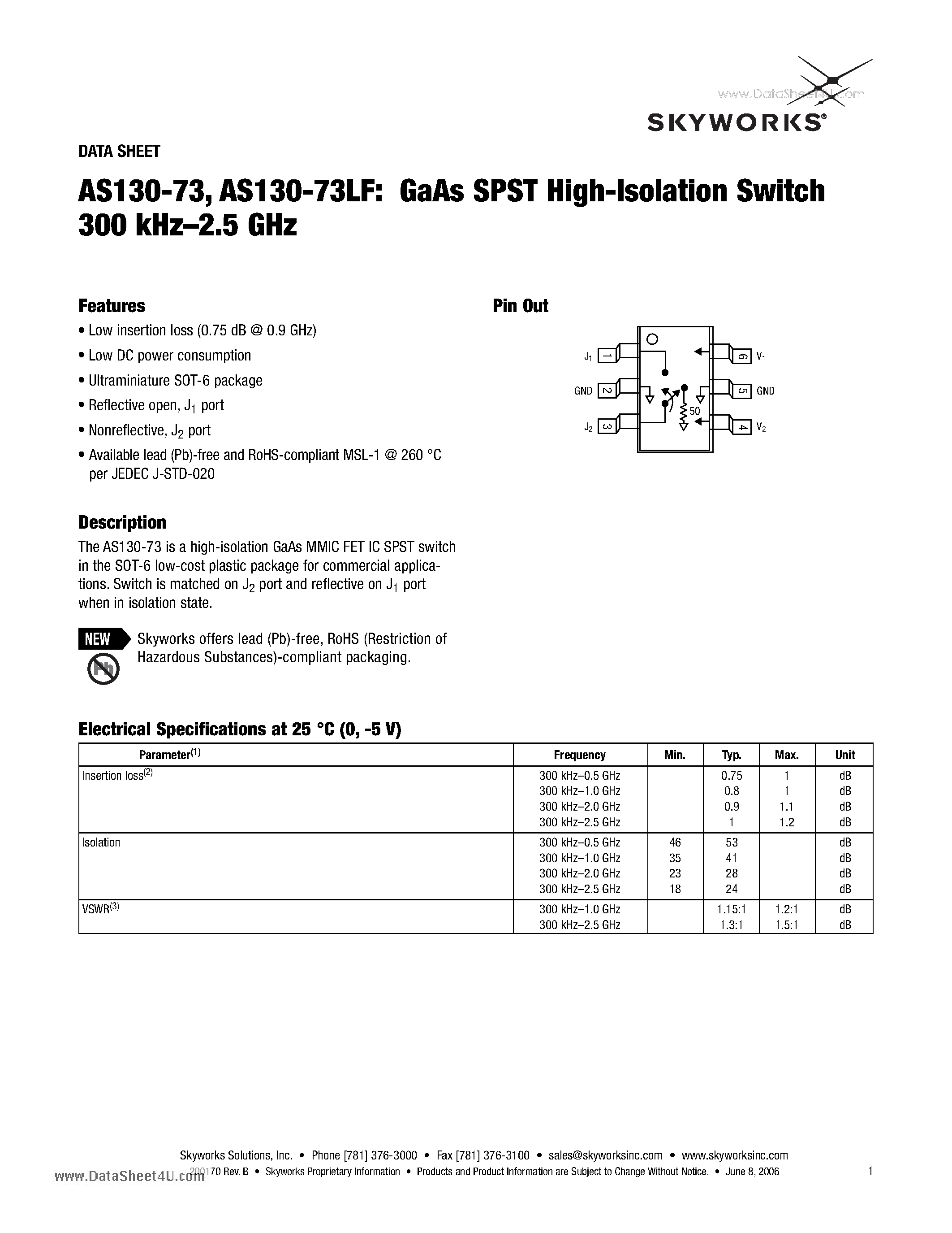 Datasheet AS130-73 - GaAs SPST High-Isolation Switch 300 kHz-2.5 GHz page 1