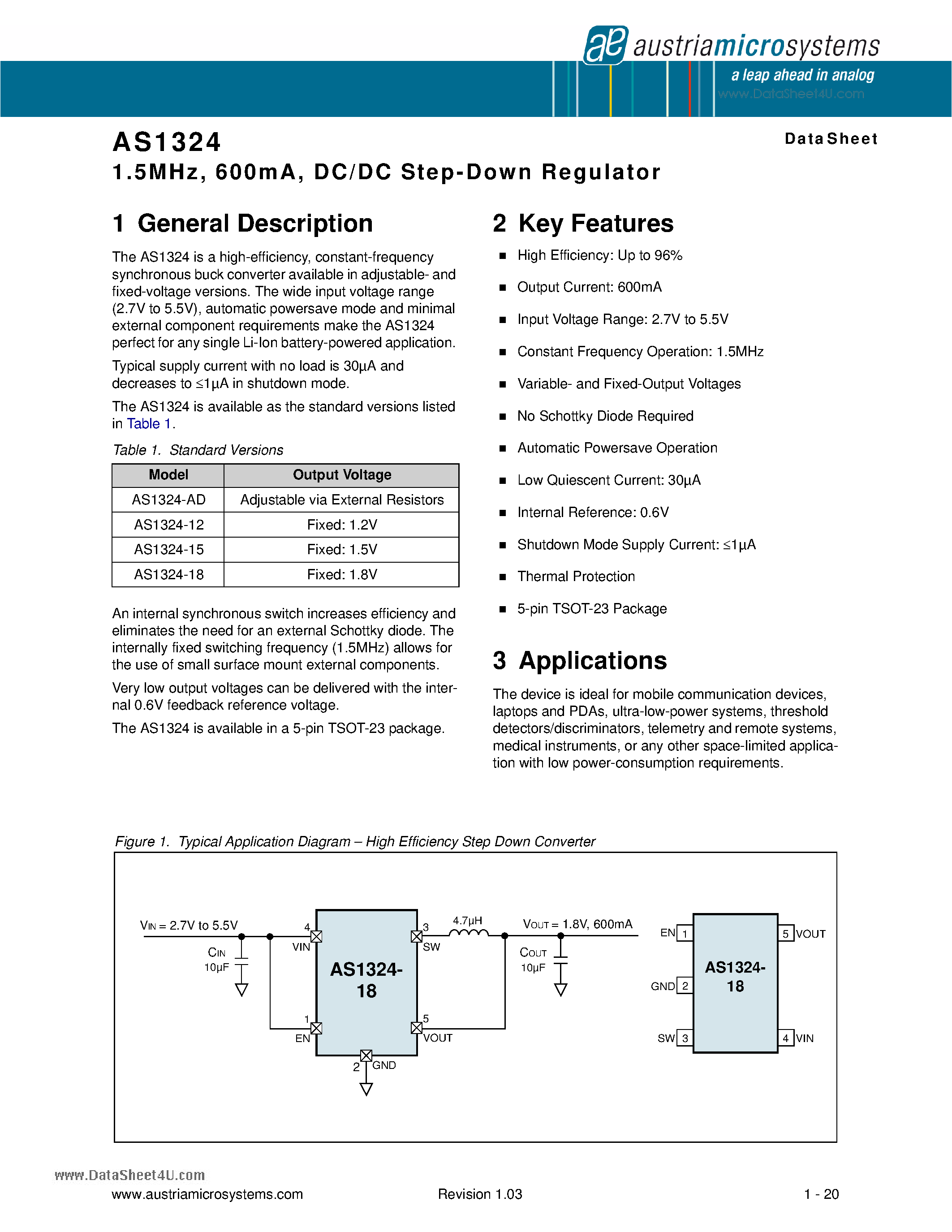 Даташит на микросхему AS1324 страница 1 Даташит AS1324 - DC/DC Step-Down Regulator страница 1