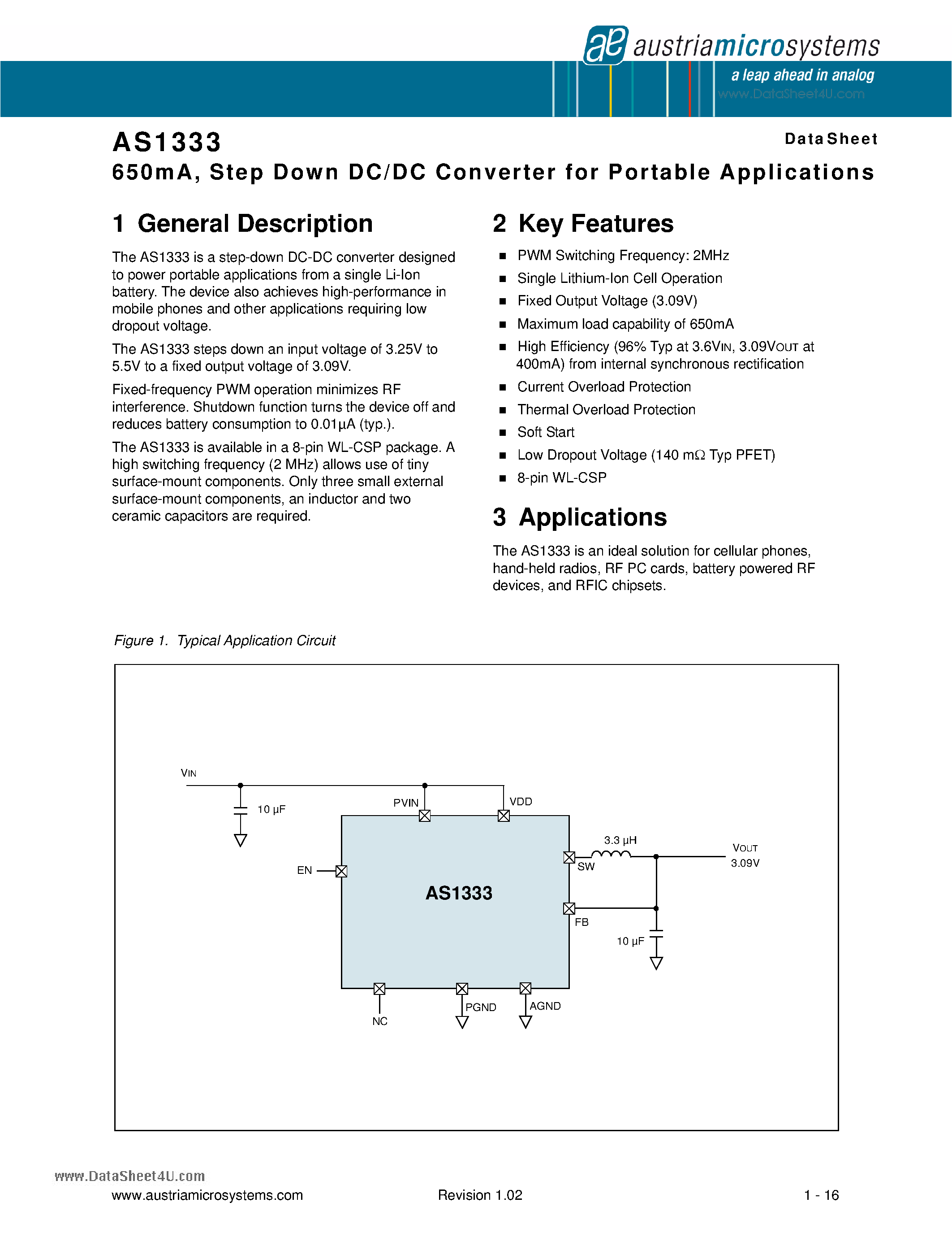 Даташит на микросхему AS1333 страница 1 Даташит AS1333 - 650mA Step Down DC/DC Converter страница 1