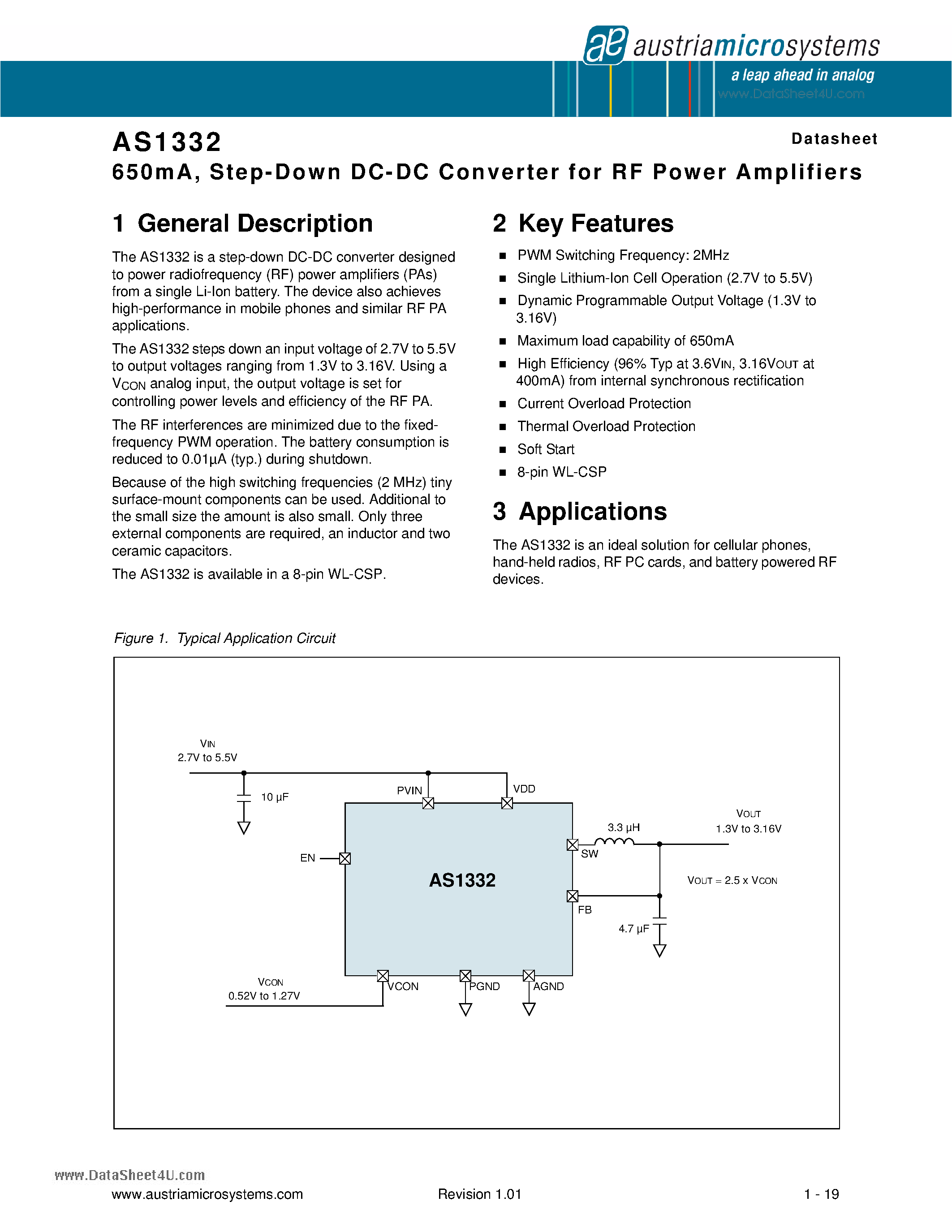 Datasheet AS1332 page 1 Datasheet AS1332 - 650mA Step-Down DC-DC Converter page 1