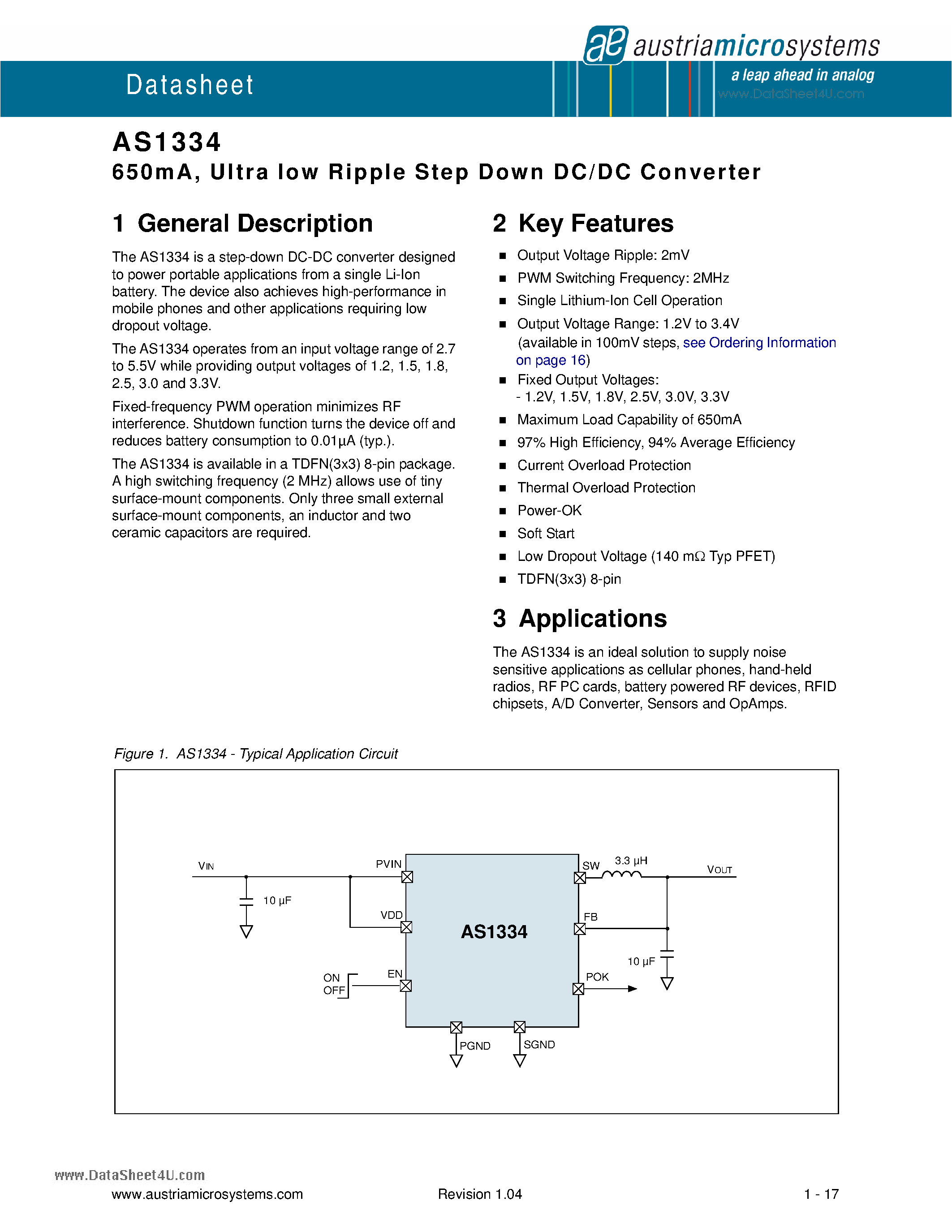 Даташит на микросхему AS1334 страница 1 Даташит AS1334 - 650mA Ultra low Ripple Step Down DC/DC Converter страница 1
