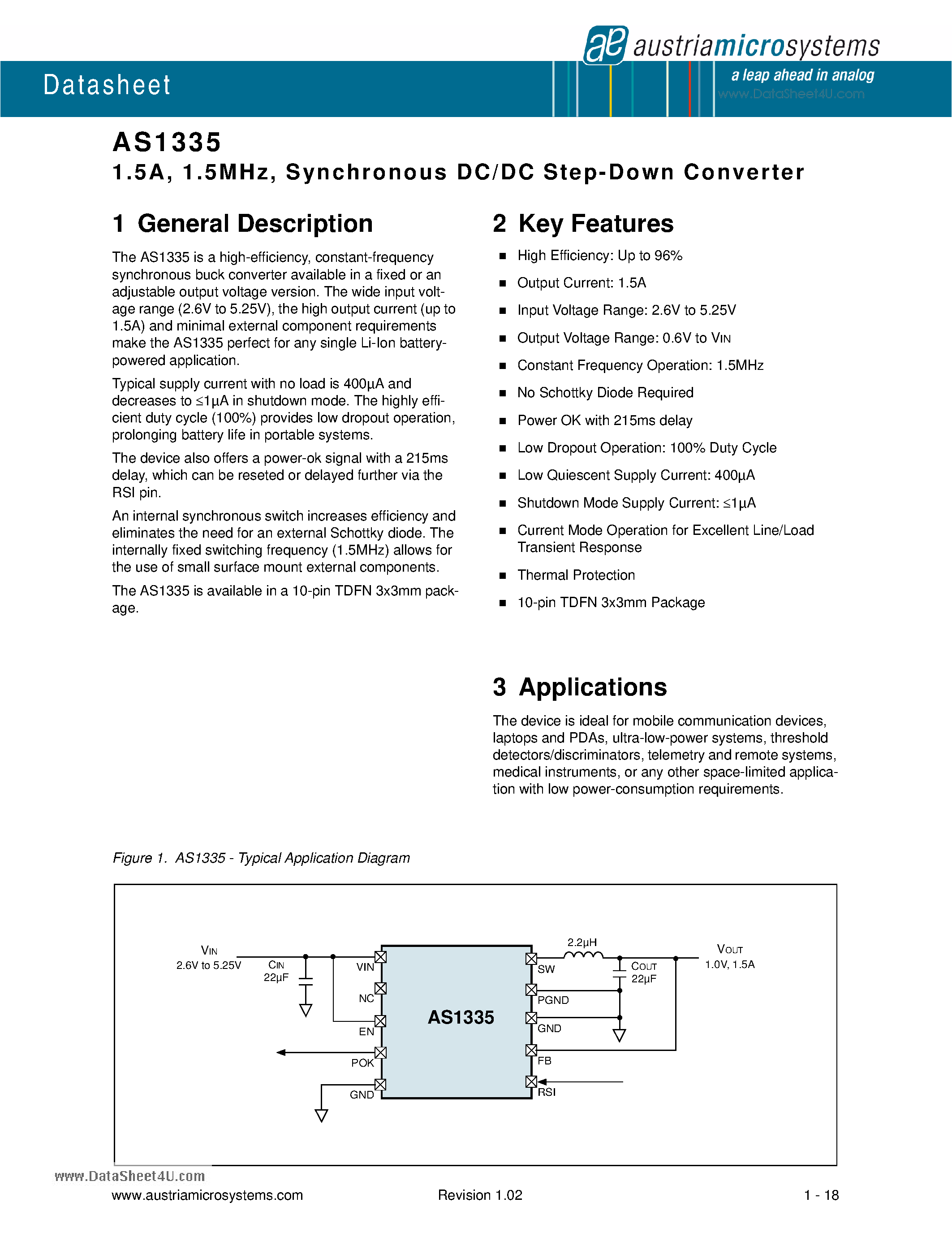Даташит на микросхему AS1335 страница 1 Даташит AS1335 - Synchronous DC/DC Step-Down Converter страница 1