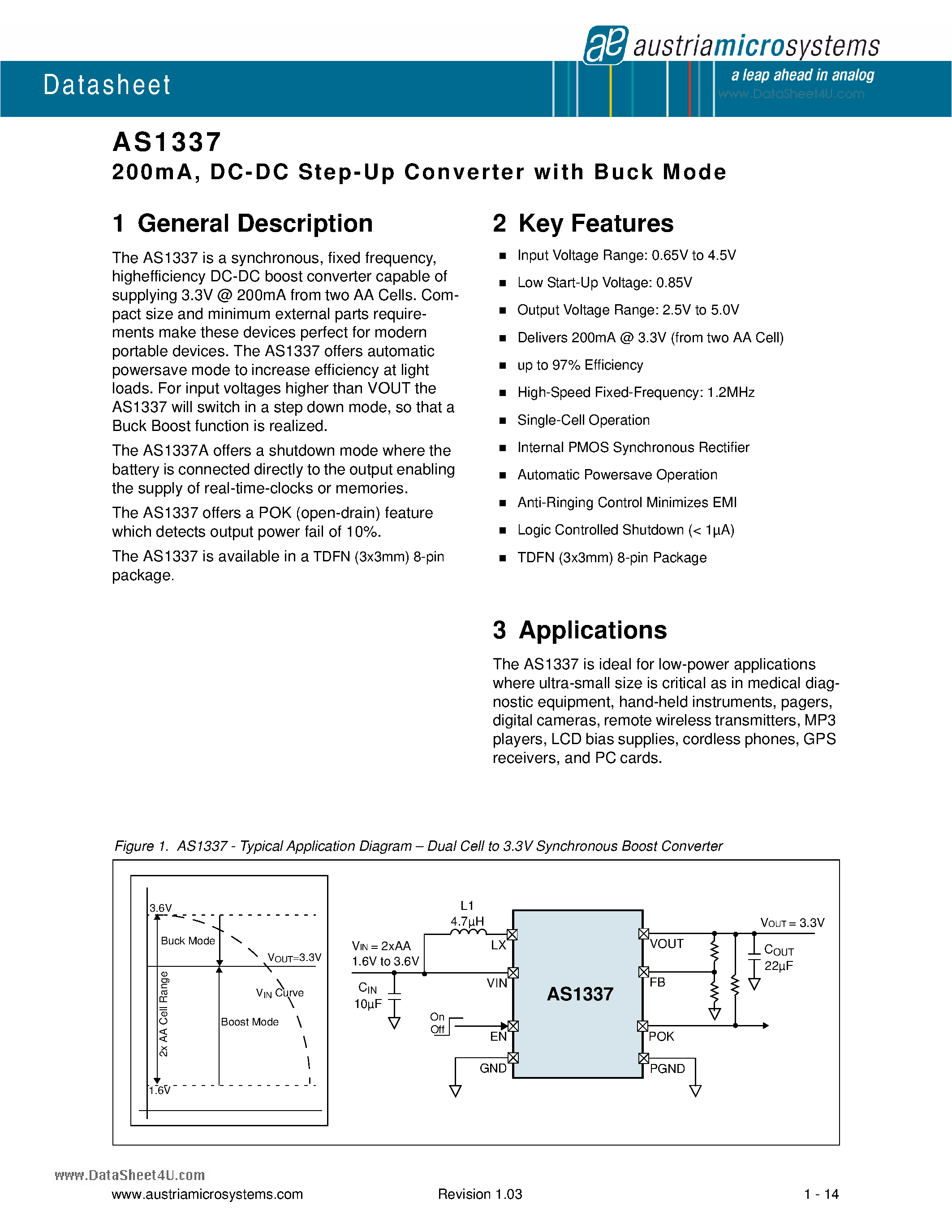 Даташит на микросхему AS1337 страница 1 Даташит AS1337 - DC-DC Step-Up Converter страница 1