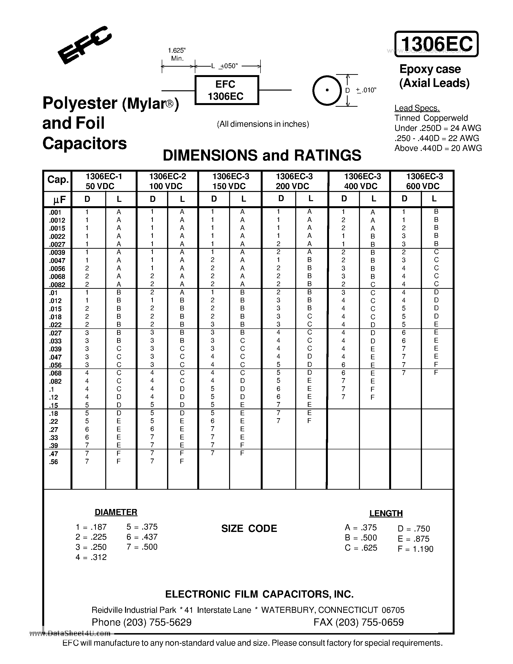 Datasheet 1306EC - Polyester (Mylar) and Foil Capacitors page 1