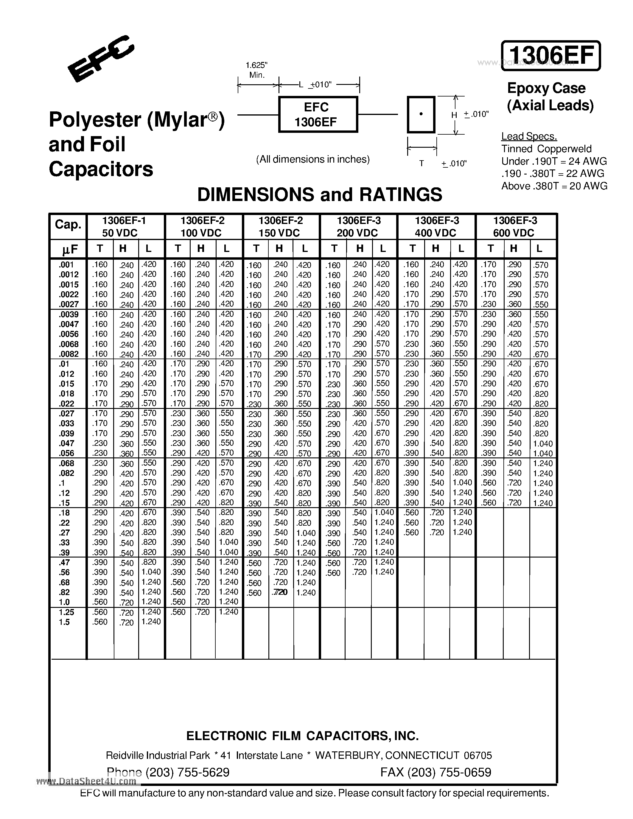 Datasheet 1306EF - Polyester (Mylar) and Foil Capacitors page 1