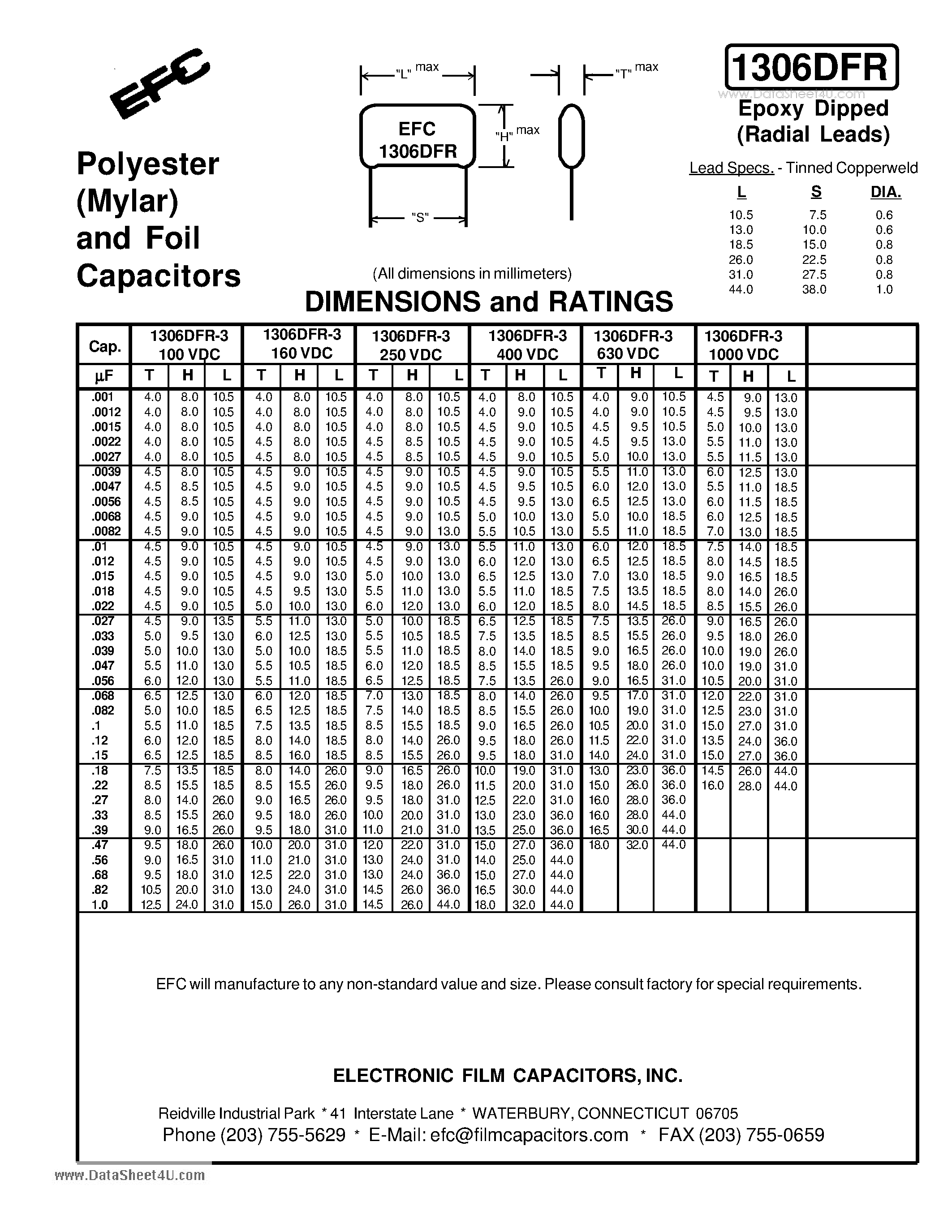 Datasheet 1306DFR - Polyester (Mylar) and Foil Capacitors page 1