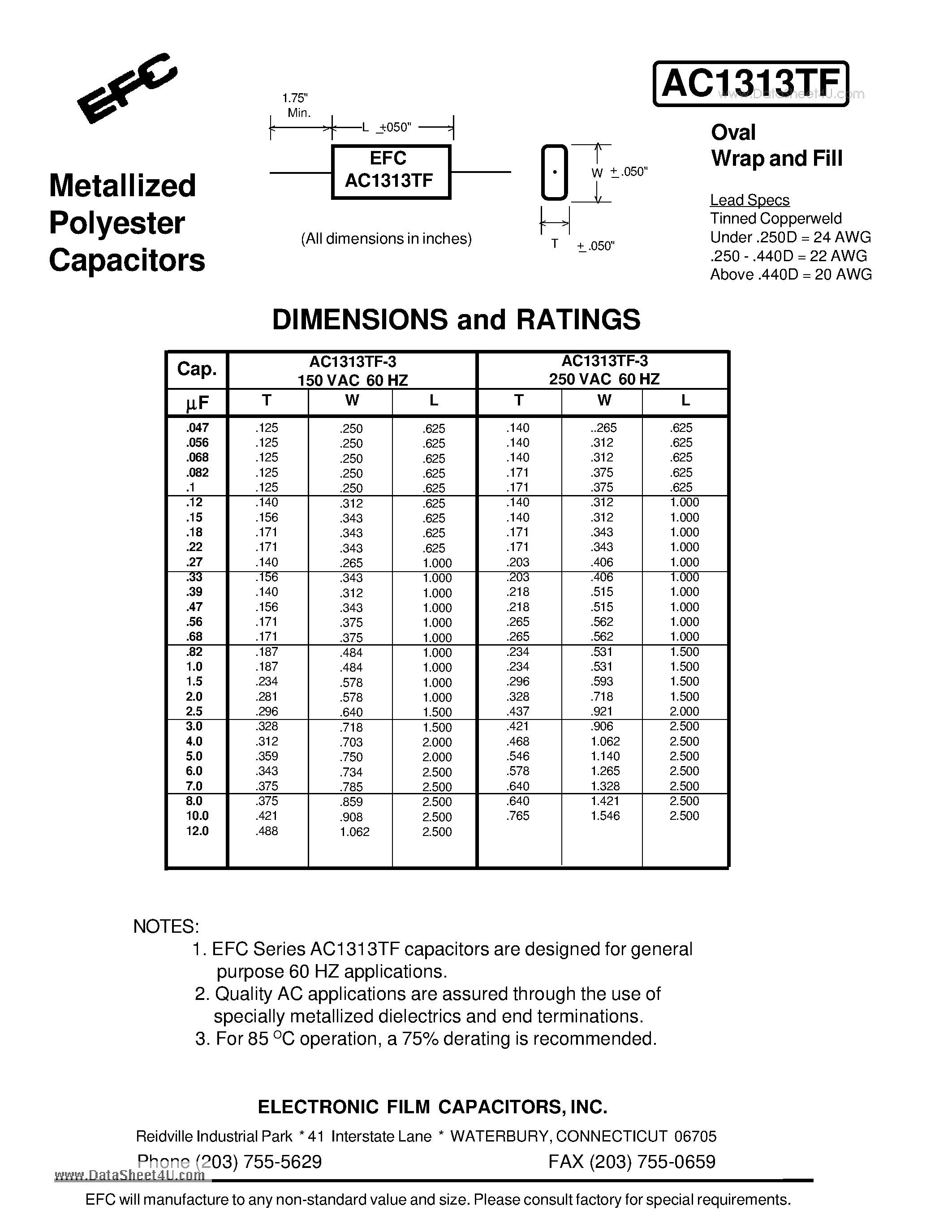 Datasheet AC1313TF - Metallized Polyester Capacitors page 1