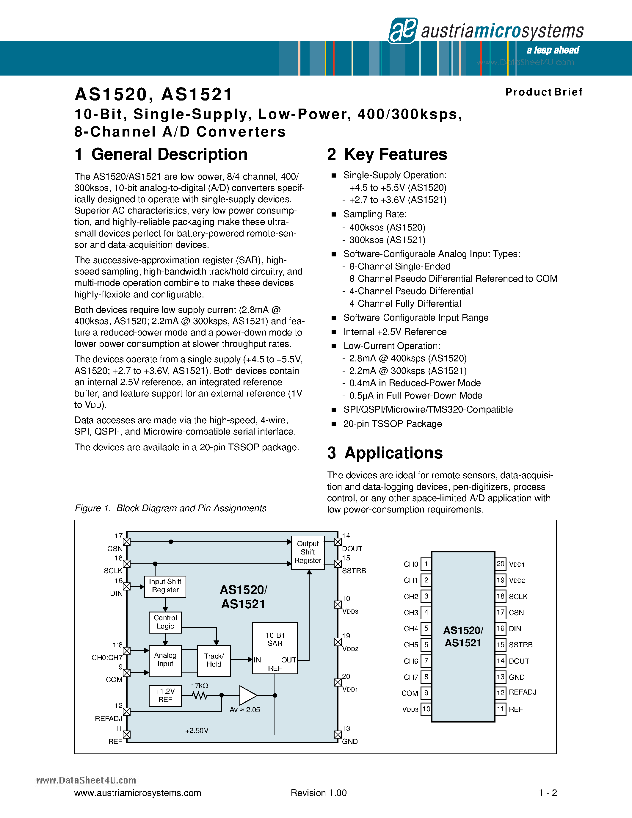 Даташит AS1520 - 8-Channel A/D Converters страница 1