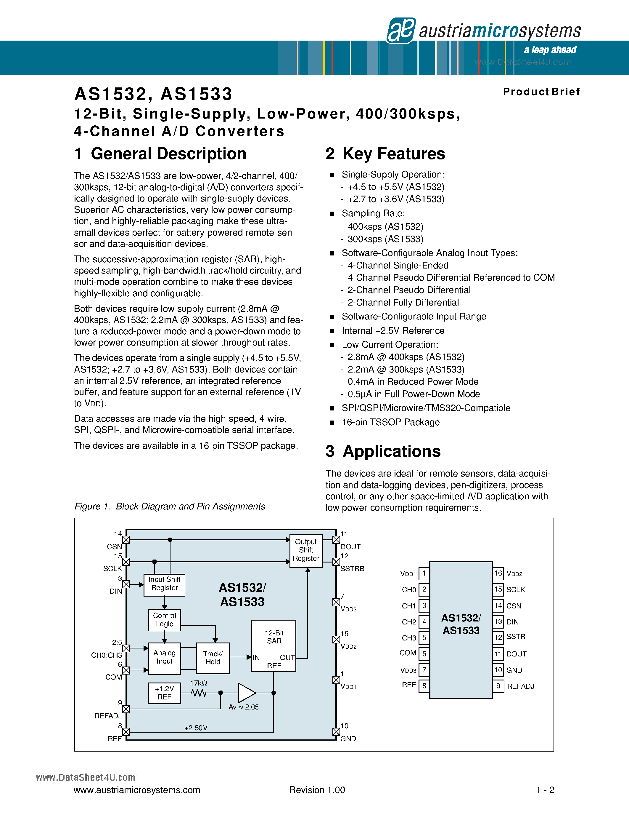 Даташит на микросхему AS1532 страница 1 Даташит AS1532 - 4-Channel A/D Converters страница 1