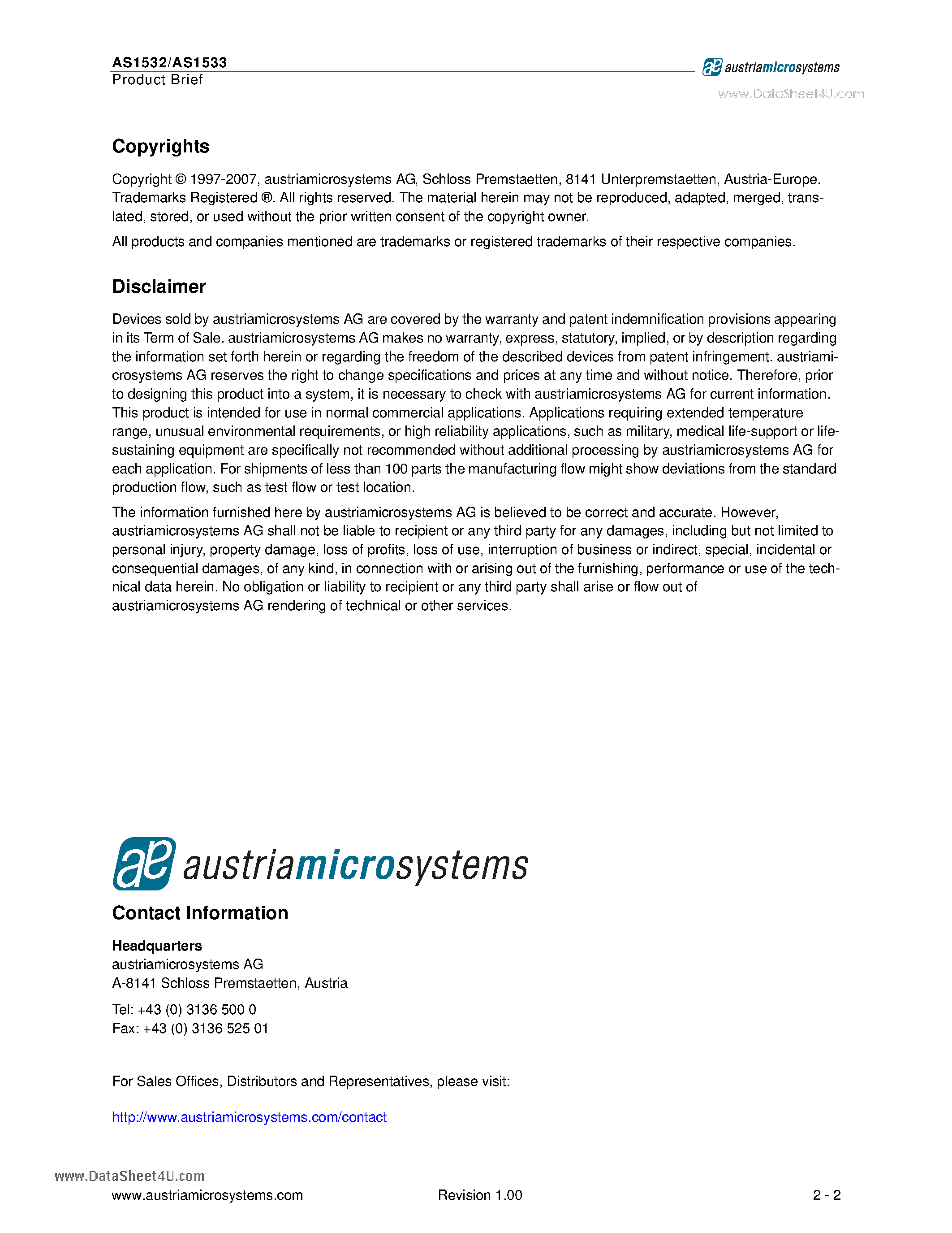 Даташит на микросхему AS1532 страница 2 Даташит AS1532 - 4-Channel A/D Converters страница 2