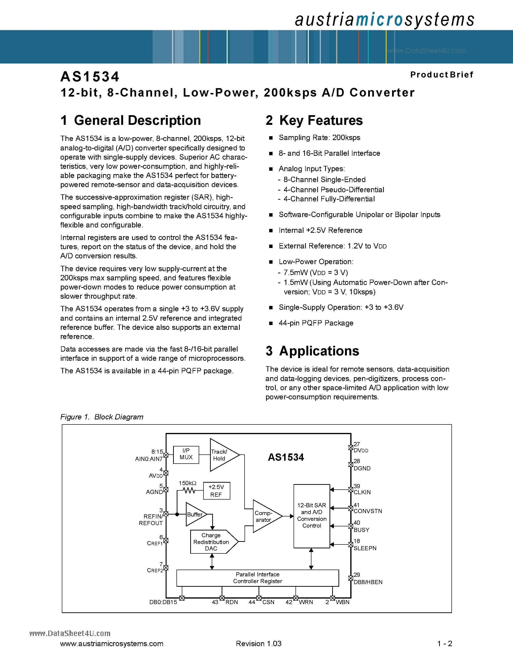 Даташит на микросхему AS1534 страница 1 Даташит AS1534 - 200ksps A/D Converter страница 1