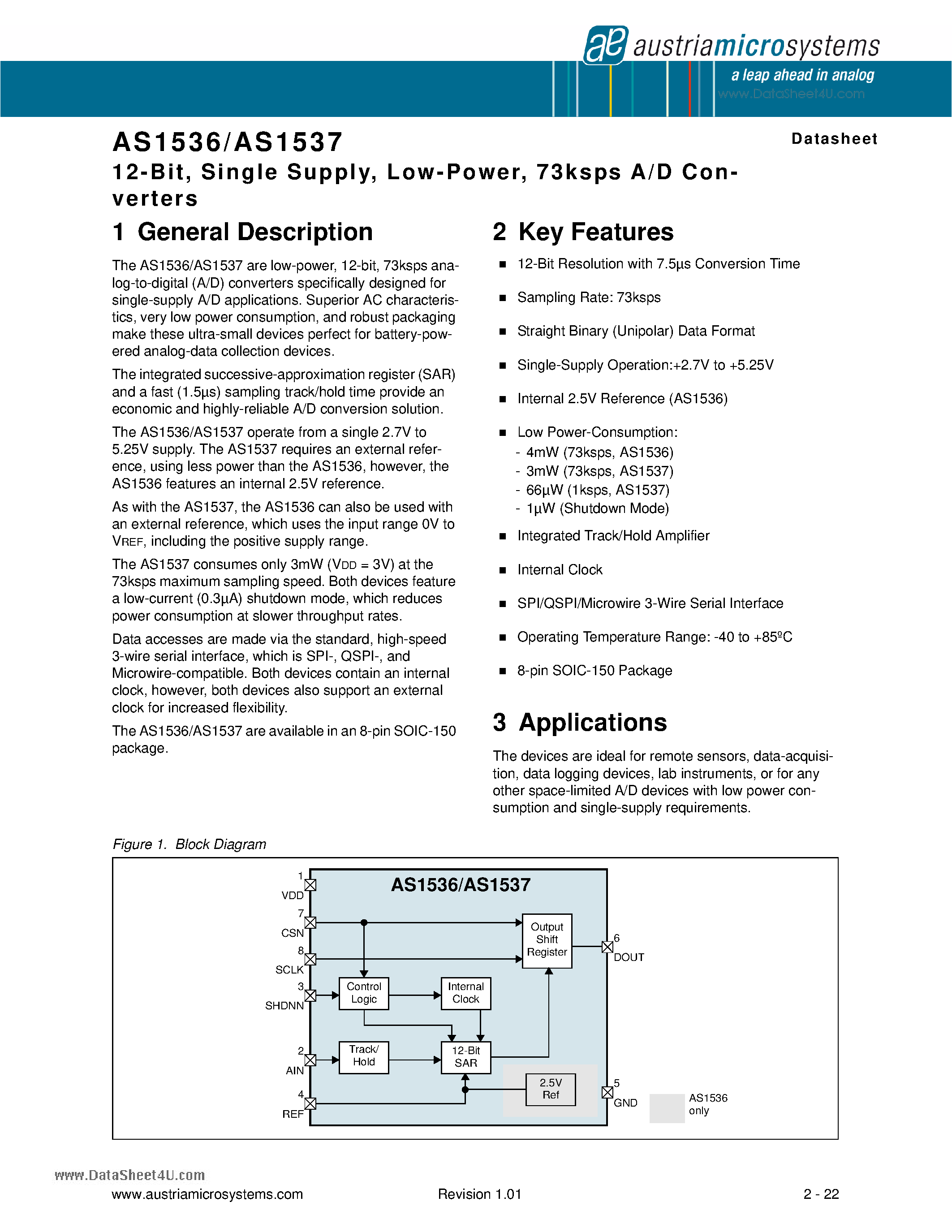 Даташит AS1536 - 73ksps A/D Converters страница 1