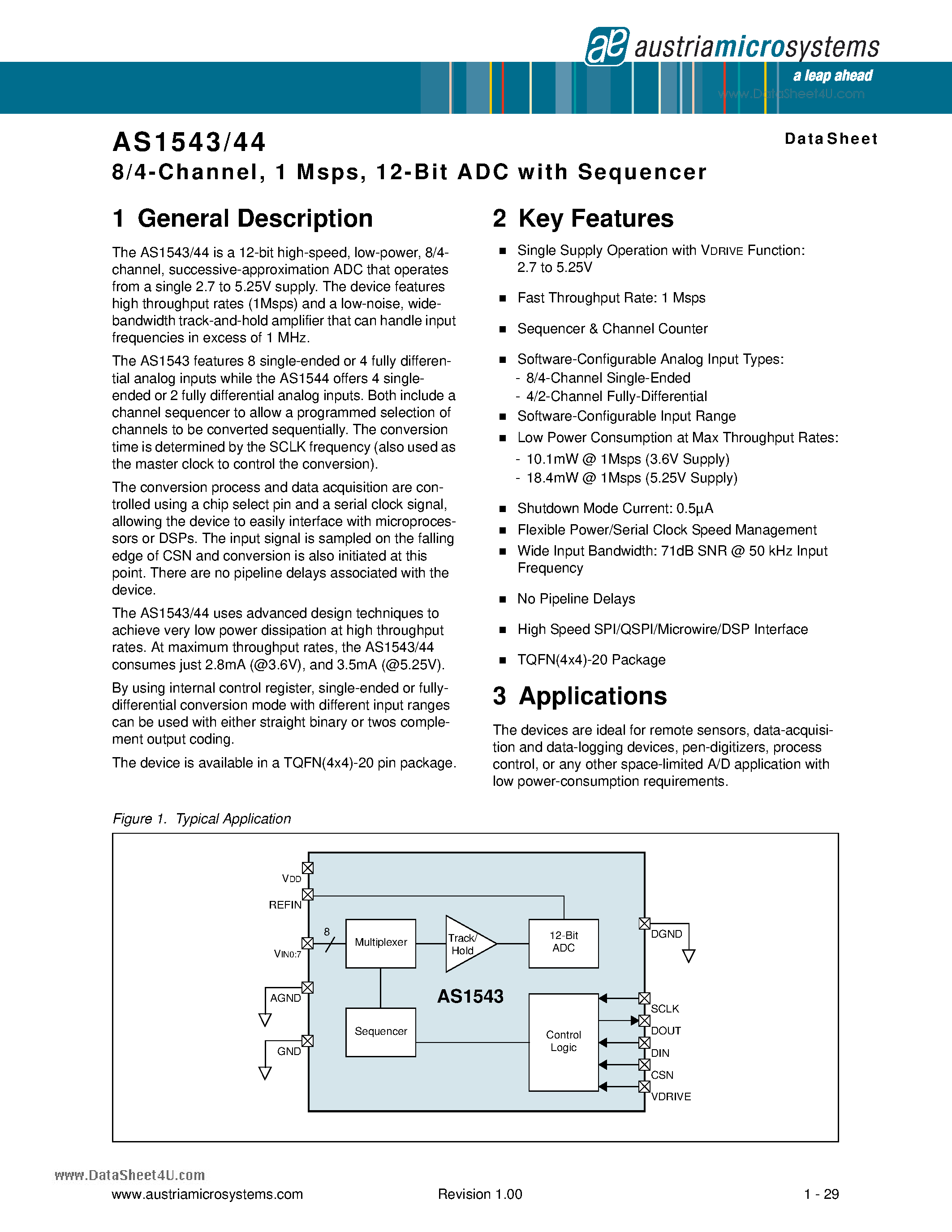 Datasheet AS1543 - 8/4-Channel 1 Msps 12-Bit ADC with Sequencer page 1