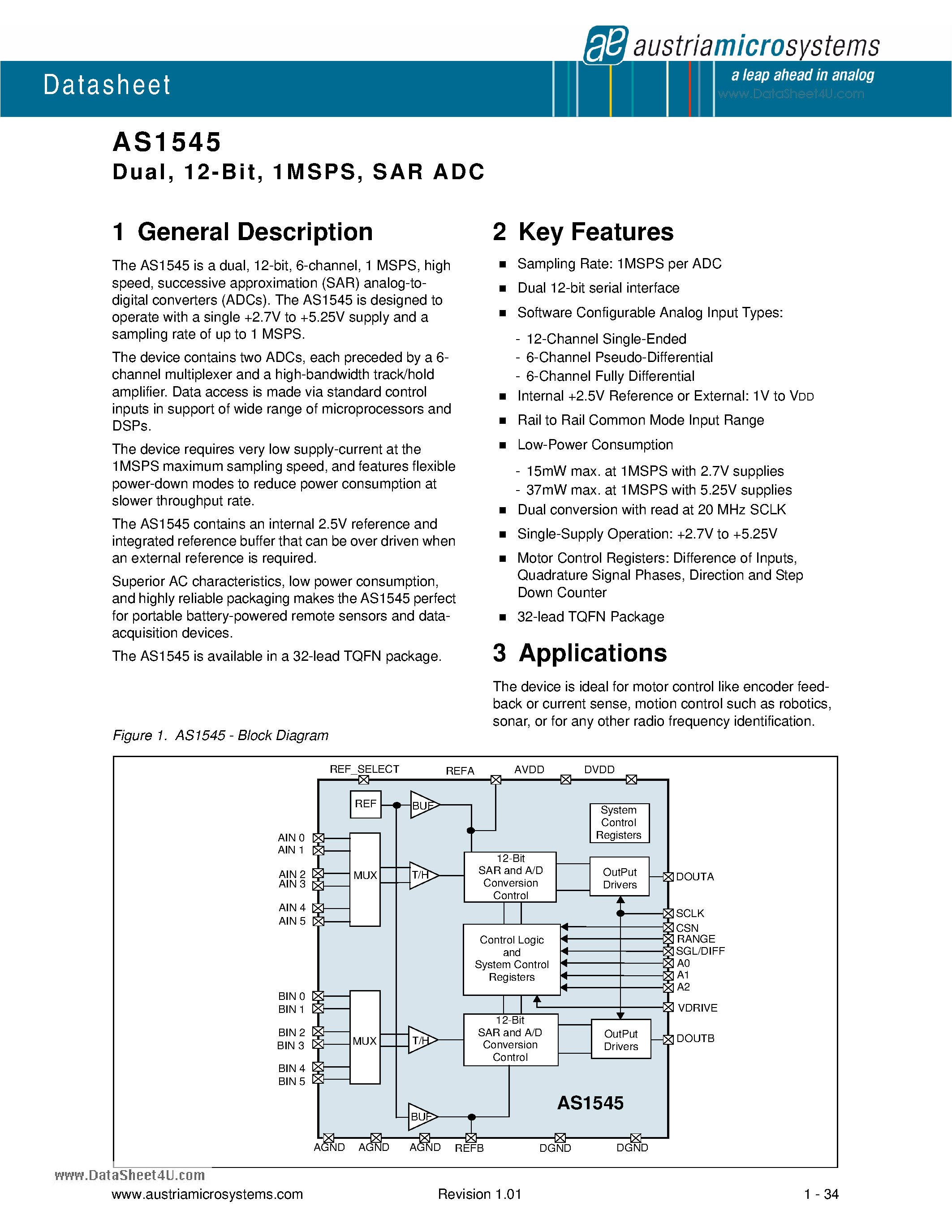 Datasheet AS1545 page 1 Datasheet AS1545 - SAR ADC page 1