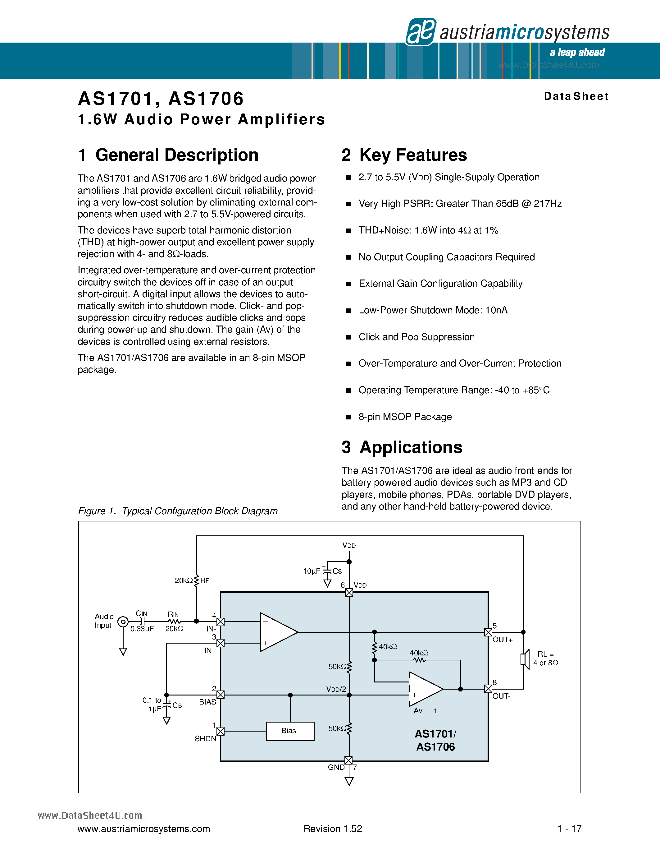 Datasheet AS1701 - 1.6W Audio Power Amplifiers page 1