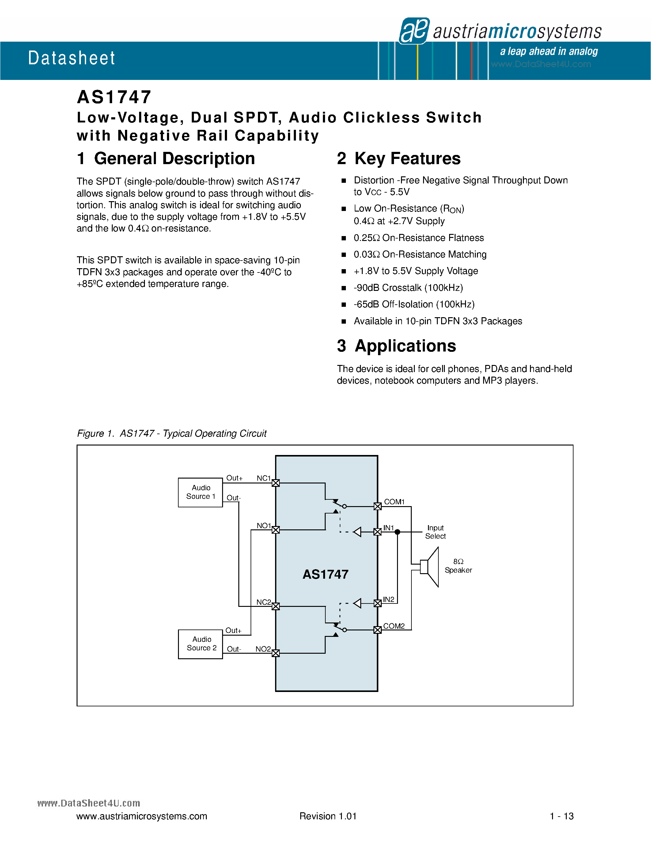 Даташит на микросхему AS1747 страница 1 Даташит AS1747 - Low-Voltage Dual SPDT Audio Clickless Switch страница 1