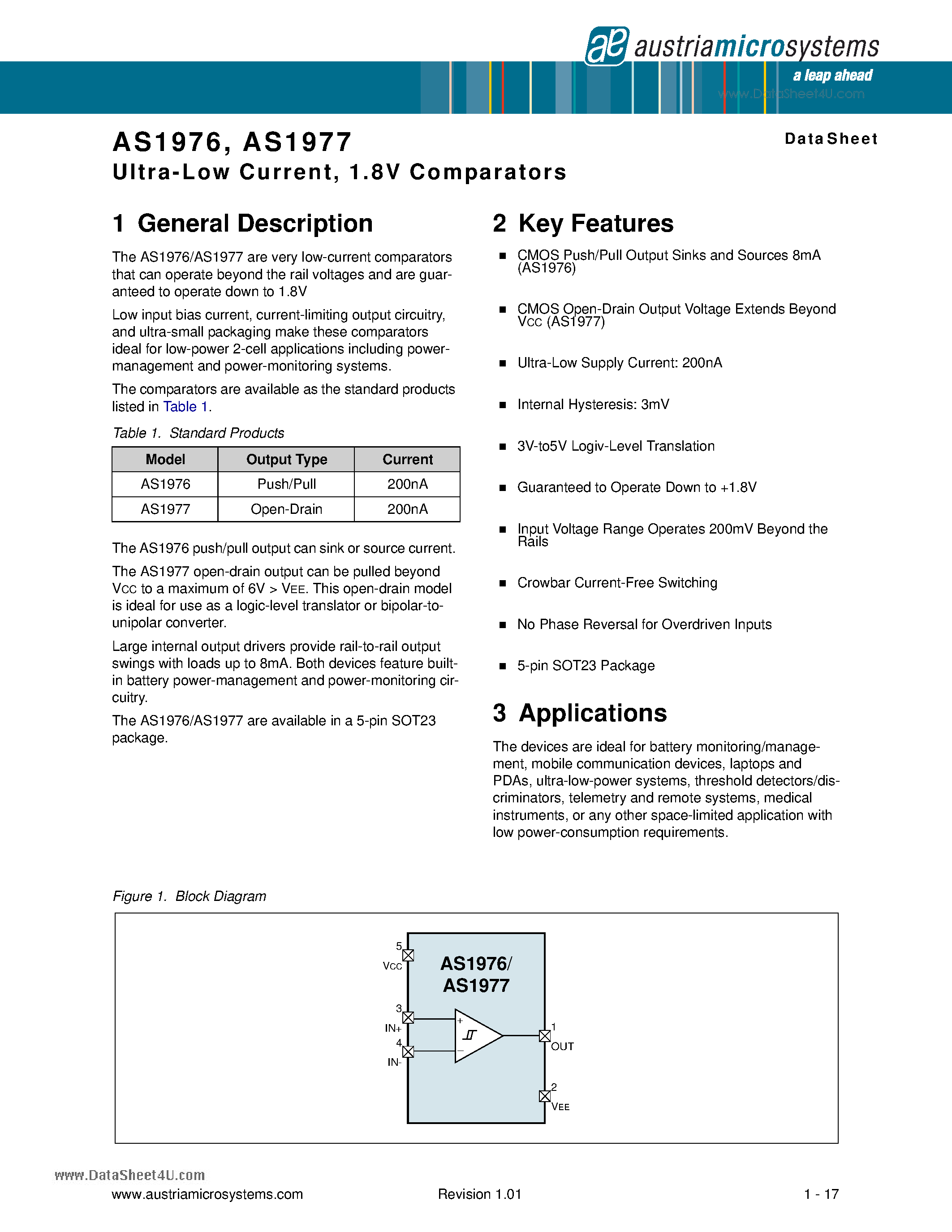 Datasheet AS1976 - Ultra-Low Current 1.8V Comparators page 1