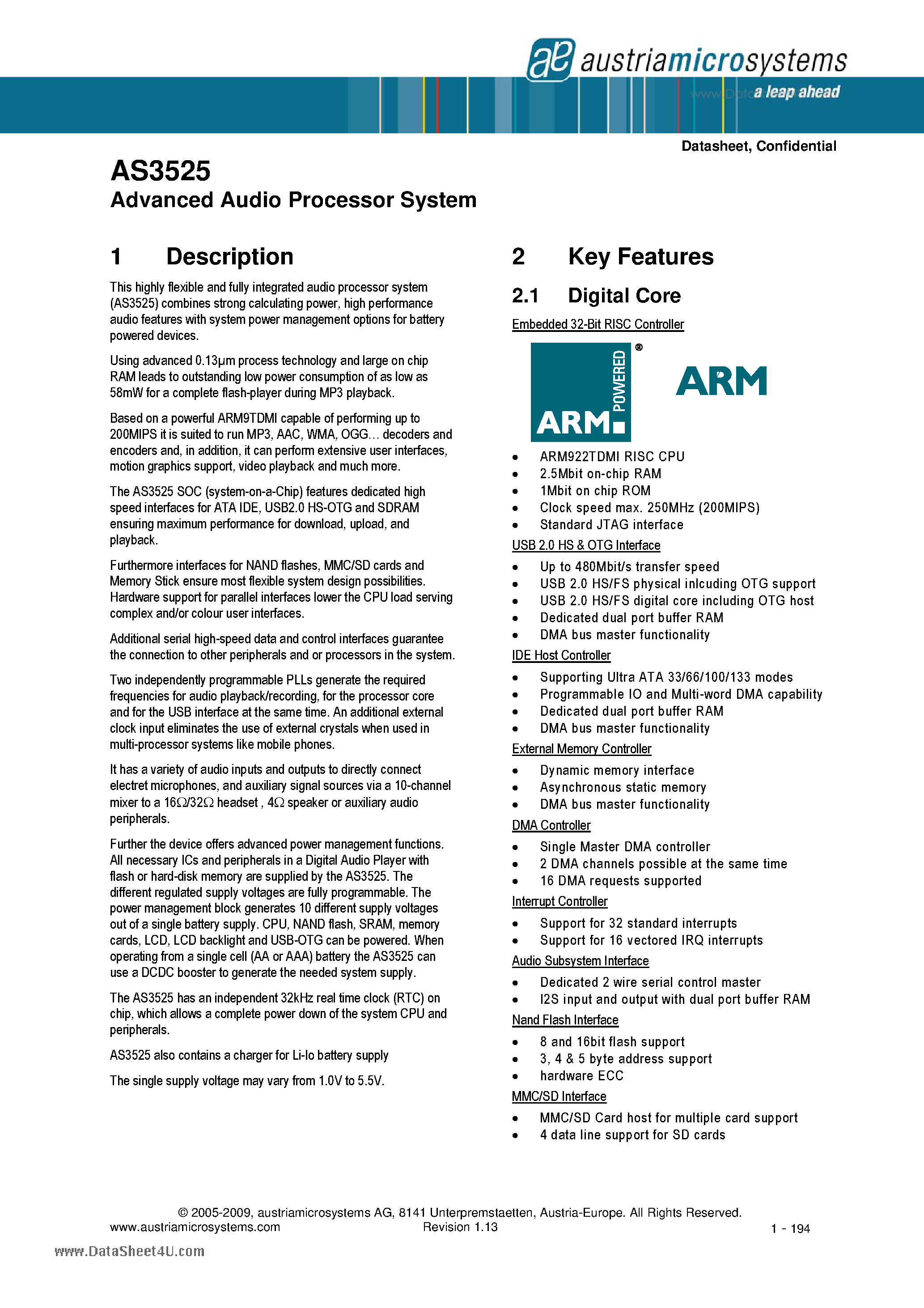Datasheet AS3525 - Advanced Audio Processor System page 1