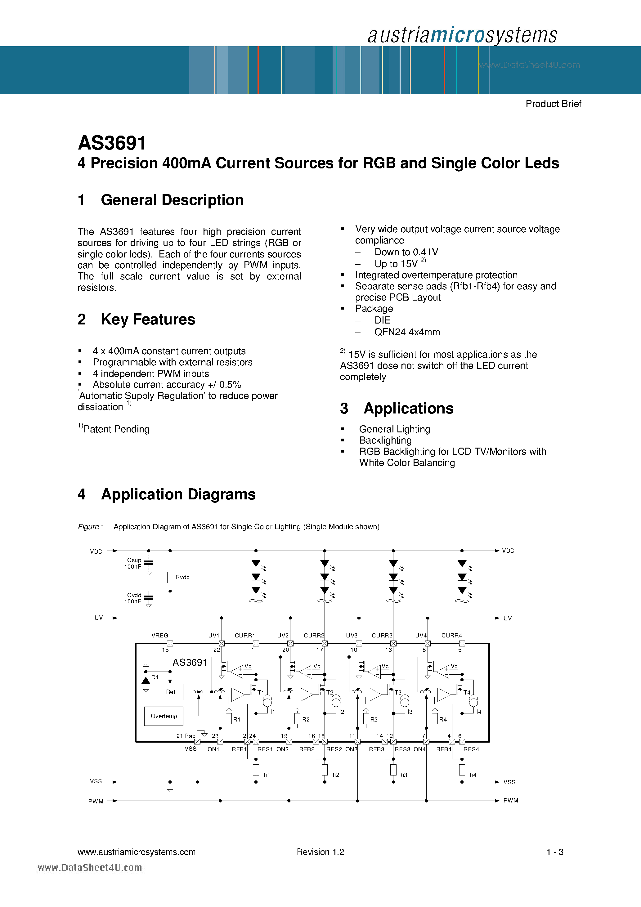 Datasheet AS3691 - 4 Precision 400mA Current Sources for RGB and Single Color Leds page 1