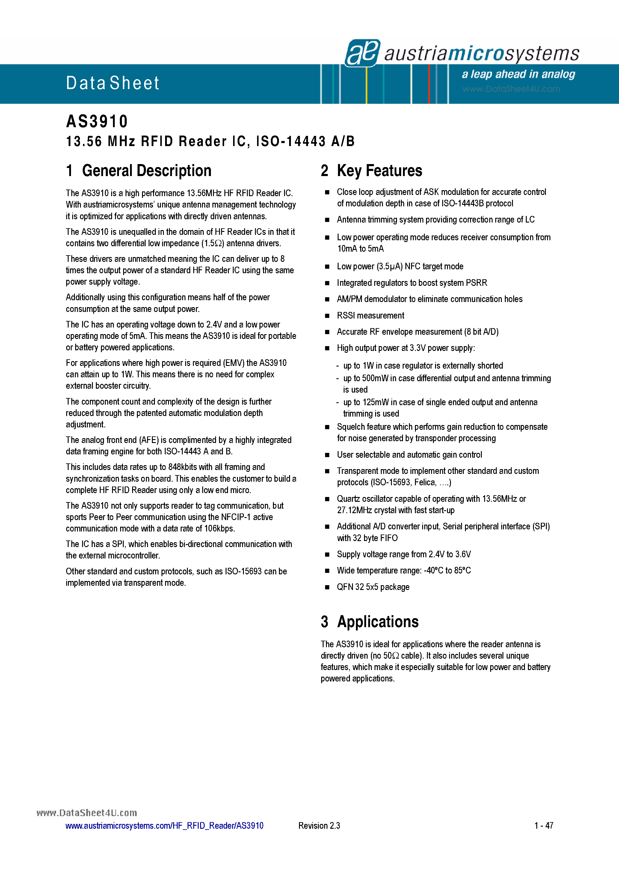 Datasheet AS3910 - 13.56 MHz RFID Reader IC ISO-14443 A/B page 1