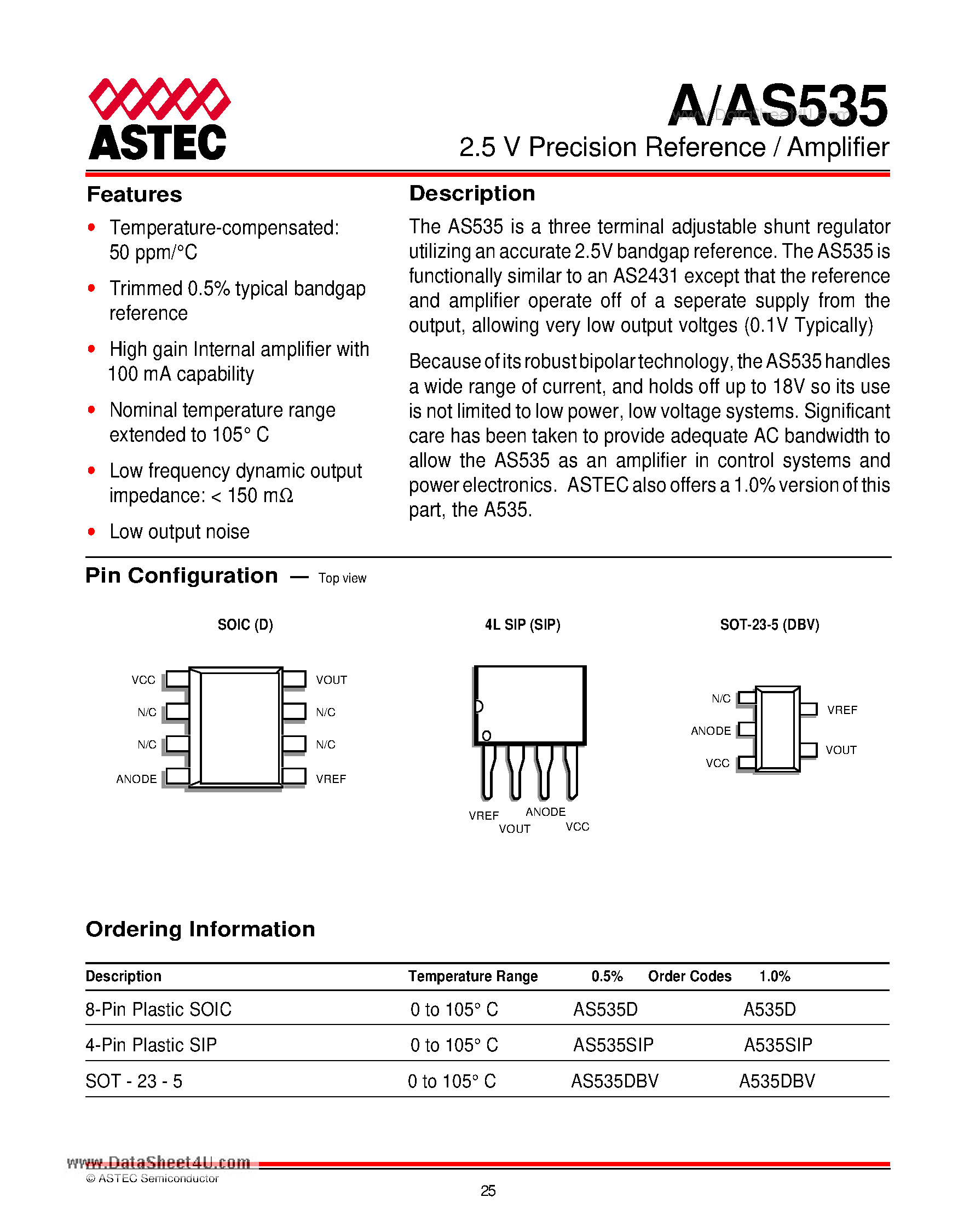Datasheet AS535 - 2.5 V Precision Reference / Amplifier page 1