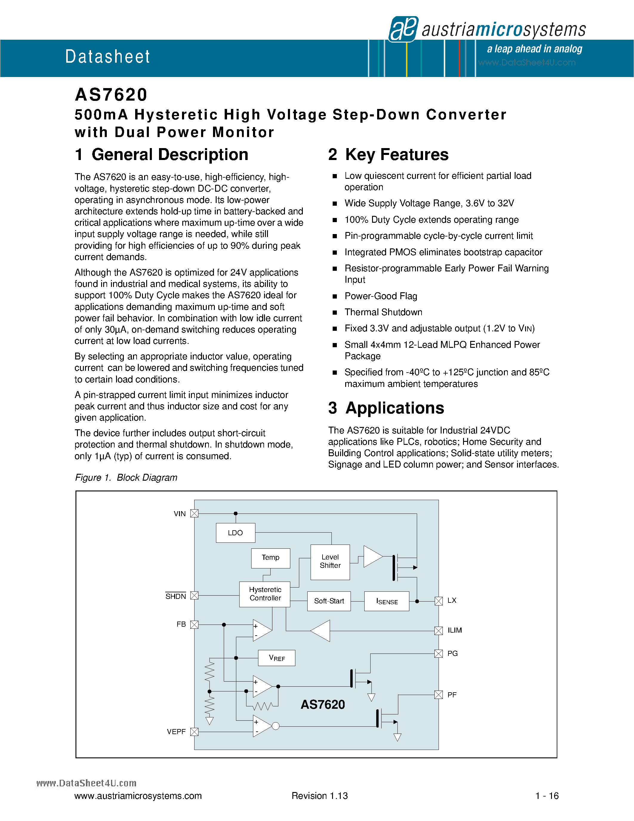 Даташит на микросхему AS7620 страница 1 Даташит AS7620 - 500mA Hysteretic High Voltage Step-Down Converter страница 1