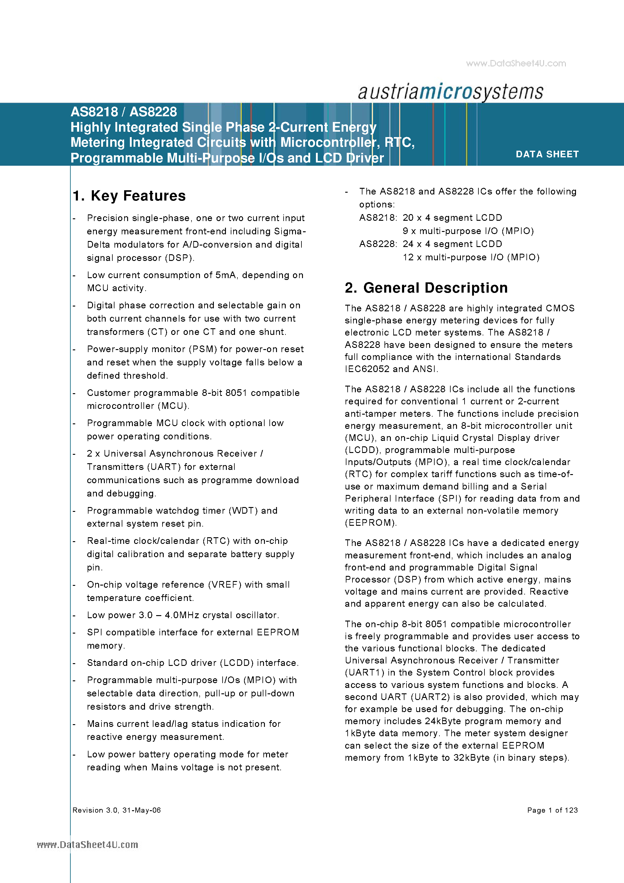 Даташит AS8218 - Highly Integrated Single Phase 2 Current Energy Metering Integrated Circuits страница 1