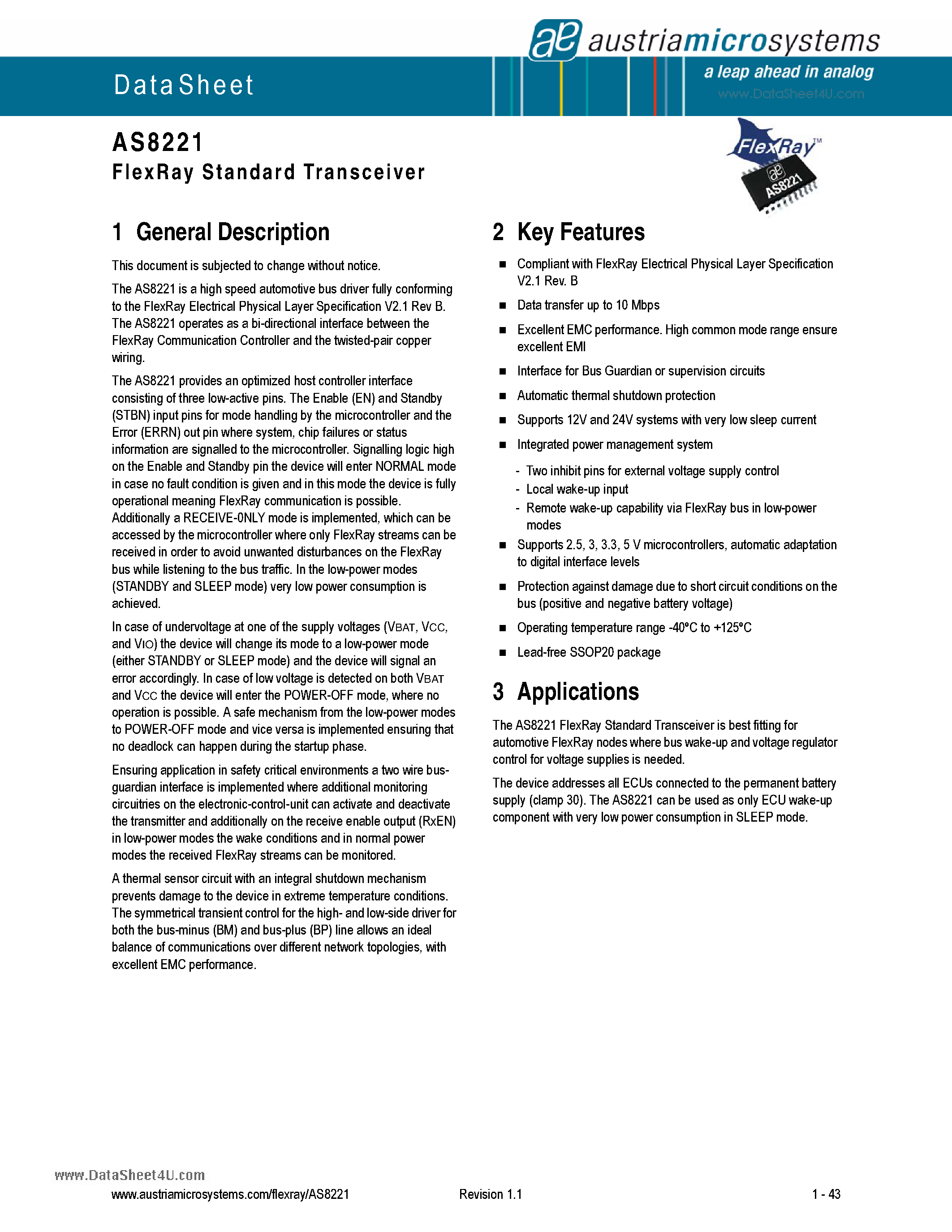 Даташит на микросхему AS8221 страница 1 Даташит AS8221 - FlexRay Standard Transceiver страница 1