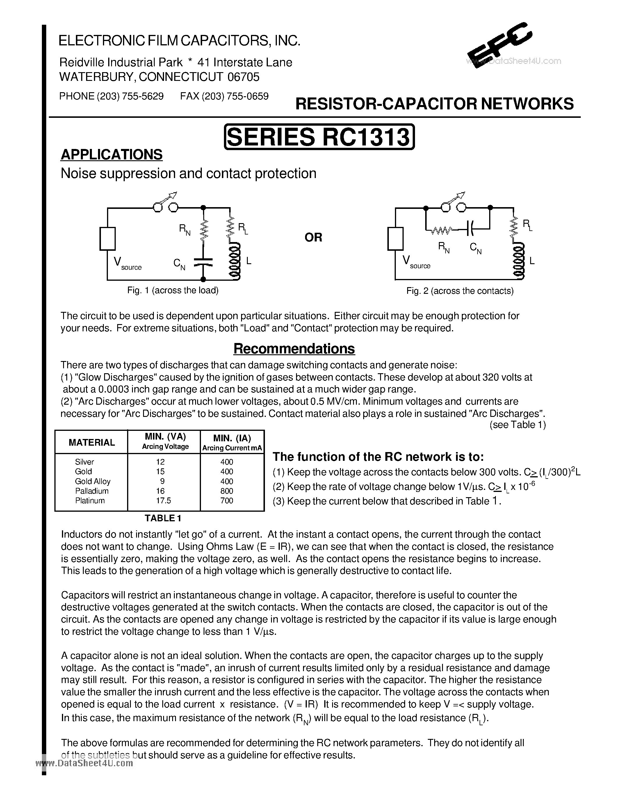 Datasheet RC1313 page 1 Datasheet RC1313 - RESISTOR-CAPACITOR NETWORKS page 1