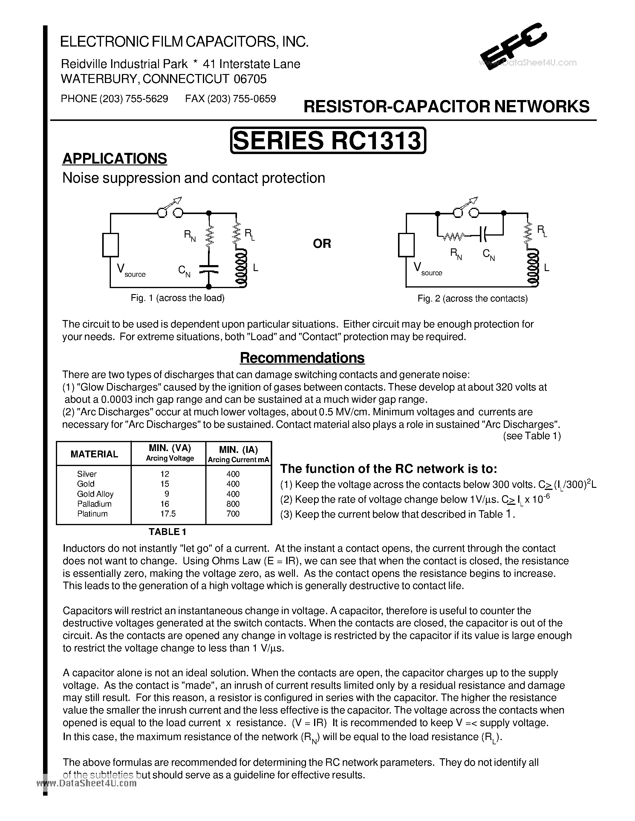 Datasheet RC1313 - RESISTOR-CAPACITOR NETWORKS page 1