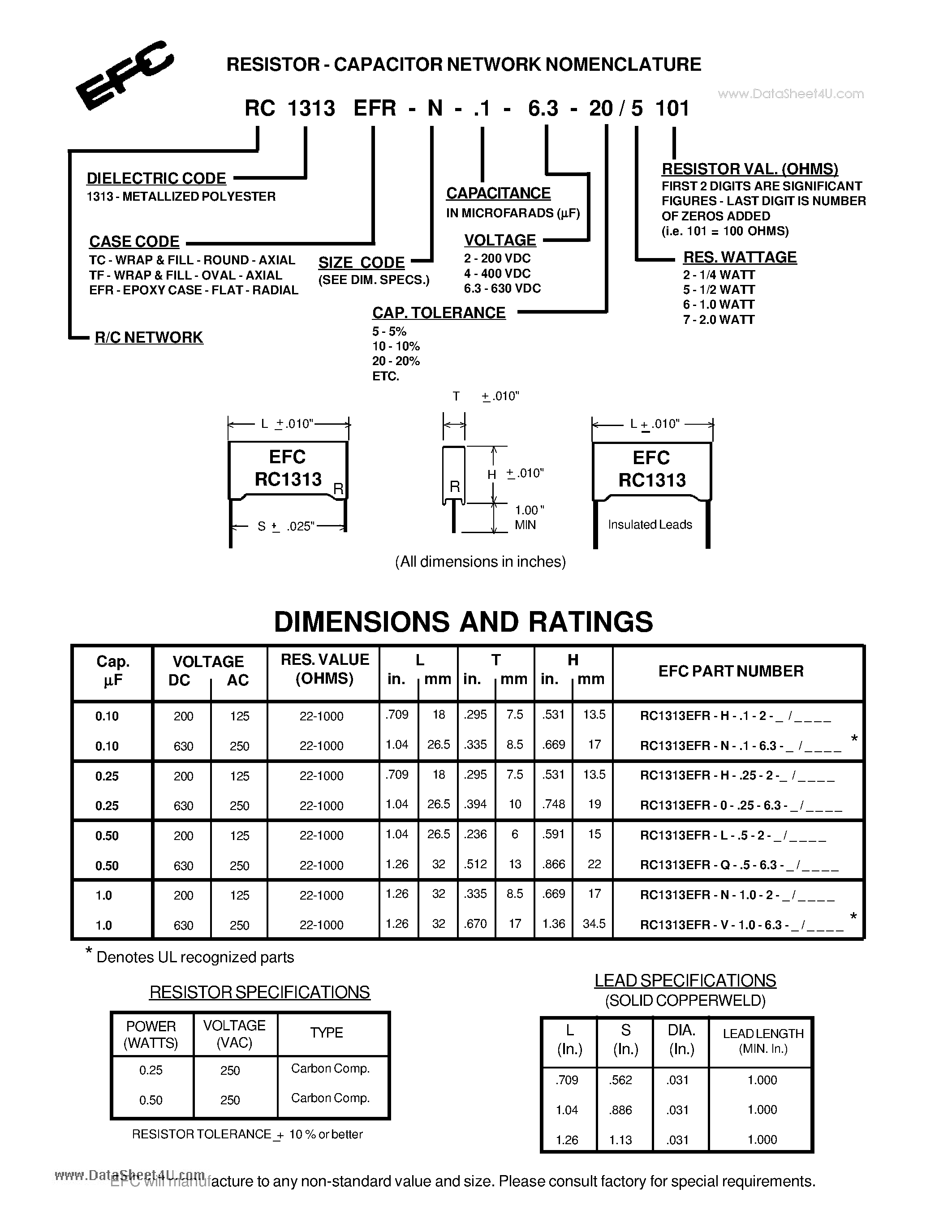 Datasheet RC1313 page 2 Datasheet RC1313 - RESISTOR-CAPACITOR NETWORKS page 2