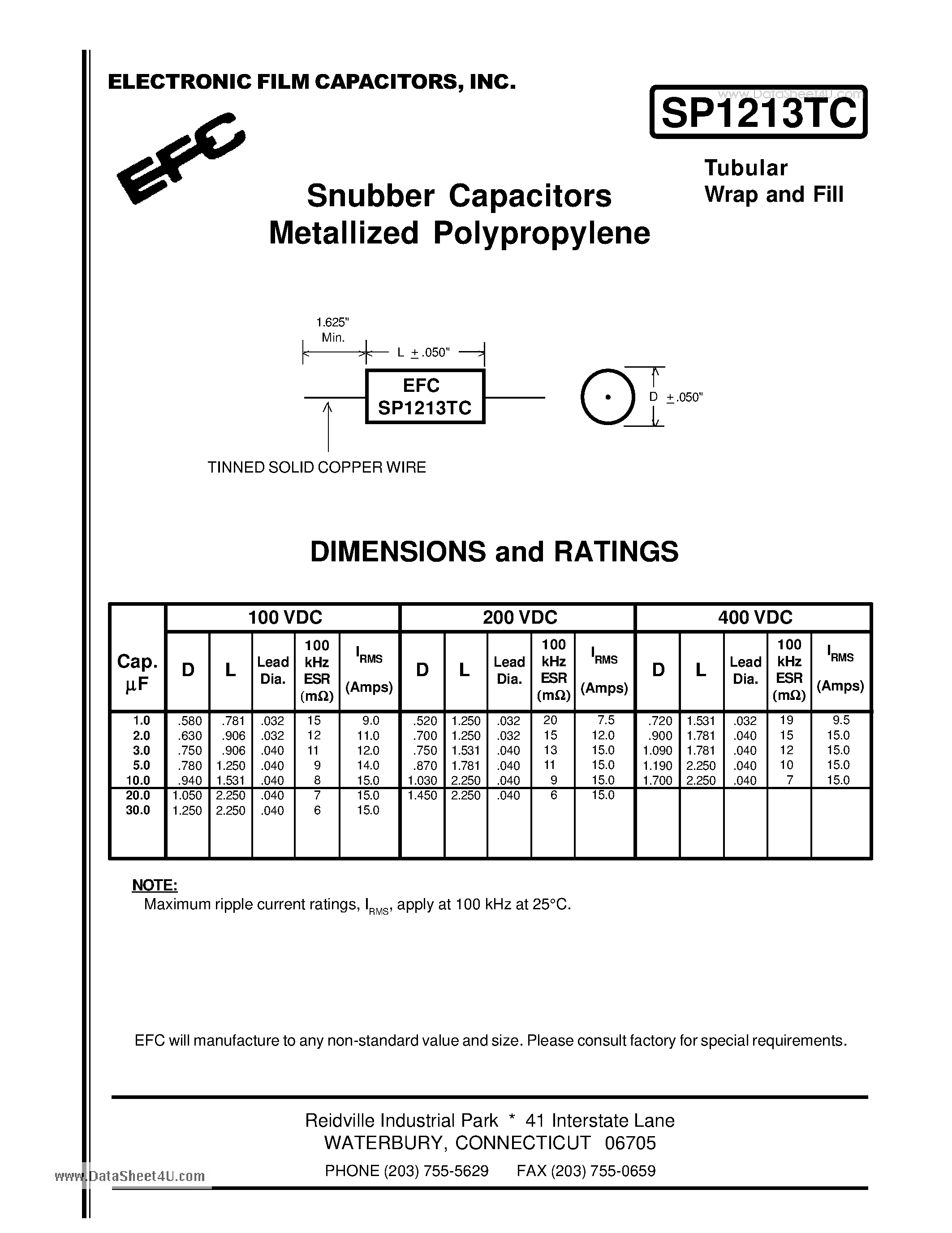 Datasheet SP1213TC - Snubber Capacitors Metallized Polypropylene page 1