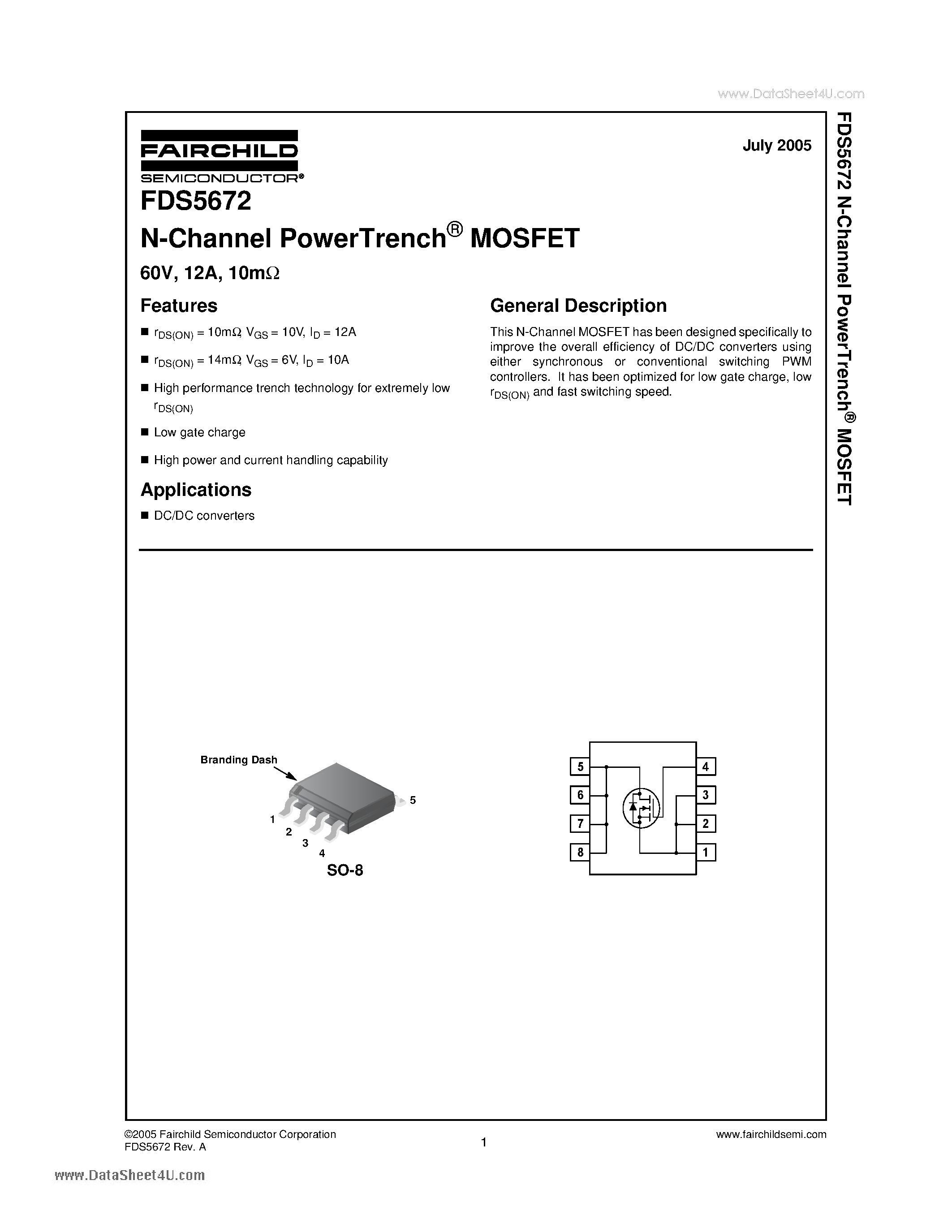 Datasheet FDS5672 page 1 Datasheet FDS5672 - N-Channel PowerTrench MOSFET page 1