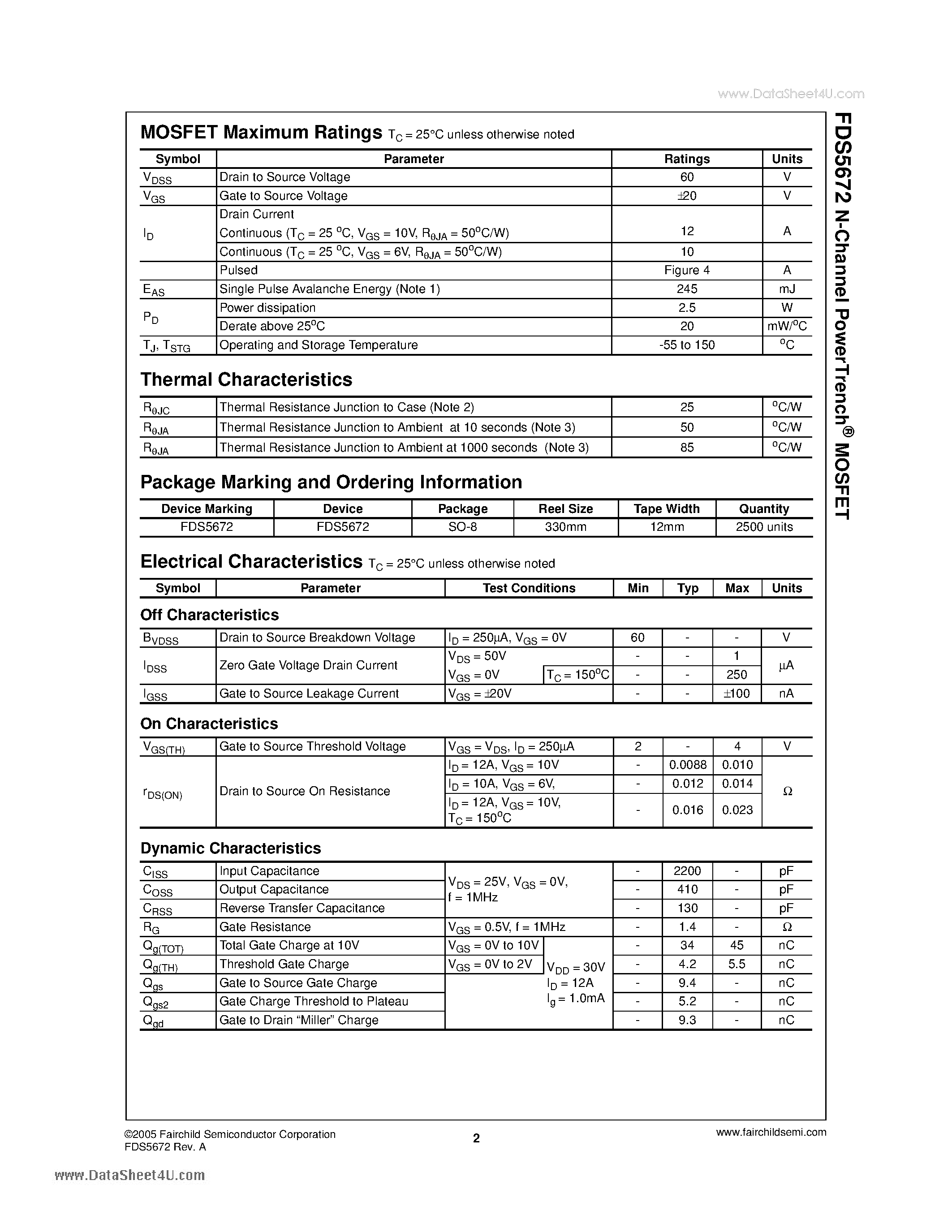 Datasheet FDS5672 page 2 Datasheet FDS5672 - N-Channel PowerTrench MOSFET page 2