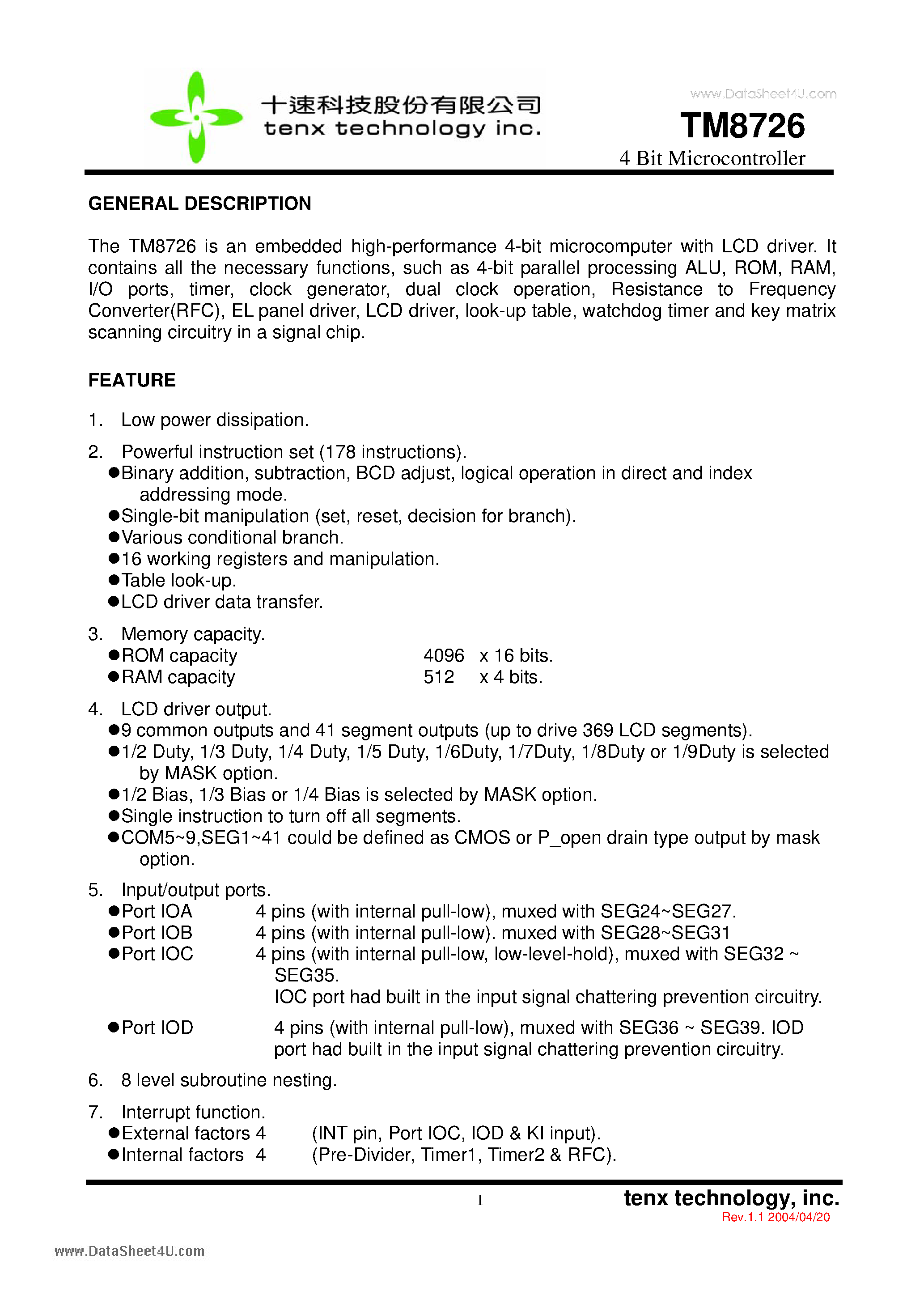 Datasheet TM8726 - 4-Bit Microcontroller page 1