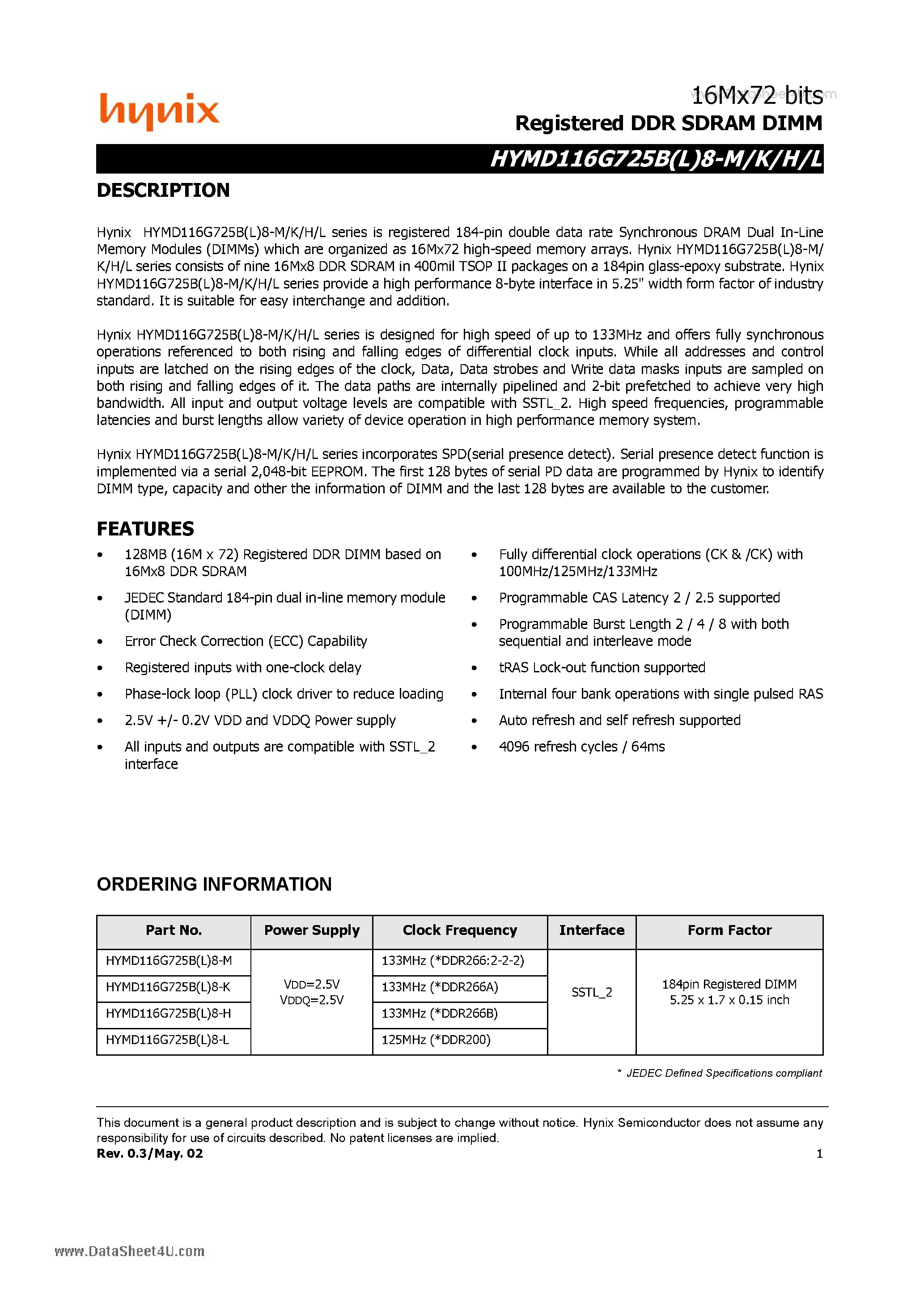 Даташит HYMD116G725B8-H - Registered DDR SDRAM DIMM страница 1