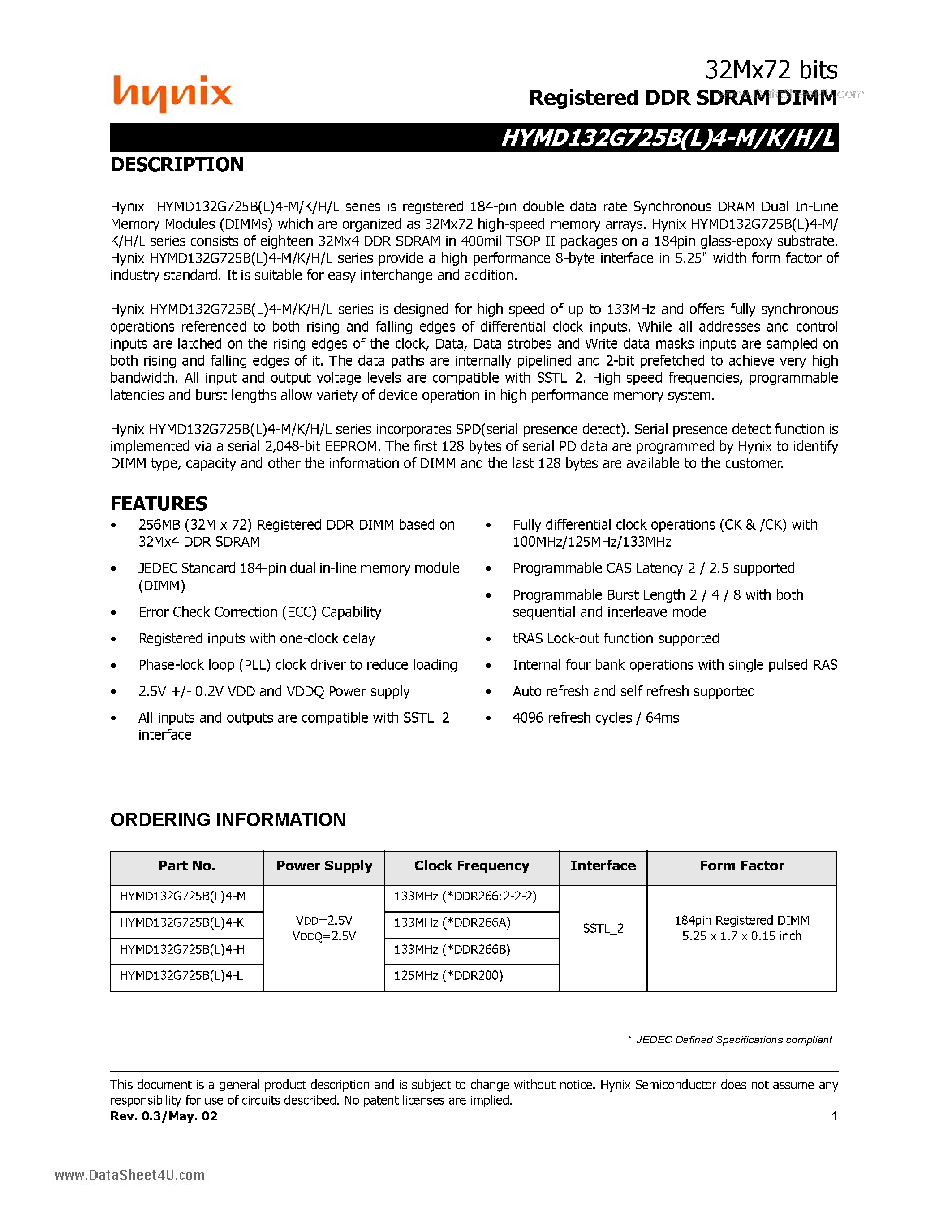 Datasheet HYMD132G725B4-H - Registered DDR SDRAM DIMM page 1