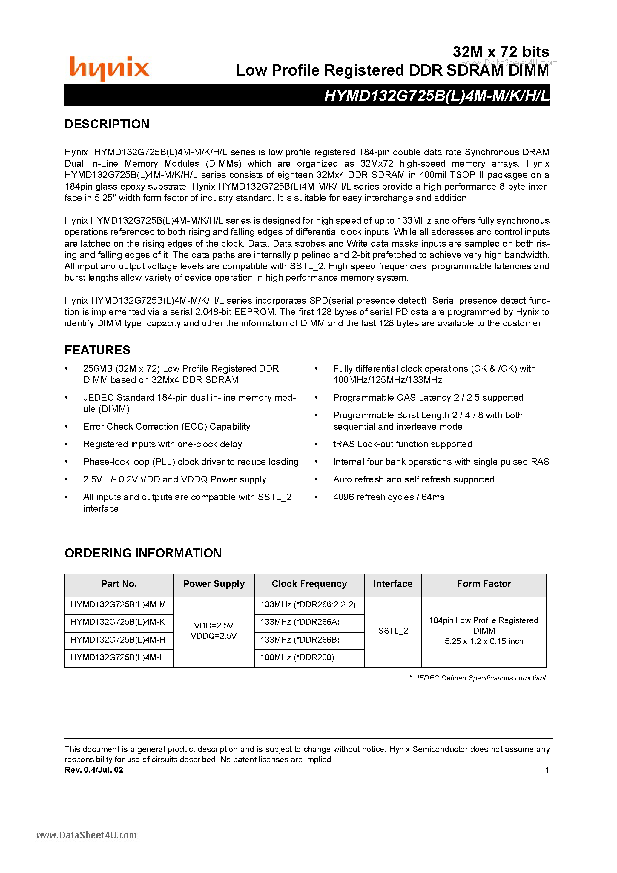 Datasheet HYMD132G725B4M-H - Low Profile Registered DDR SDRAM DIMM page 1