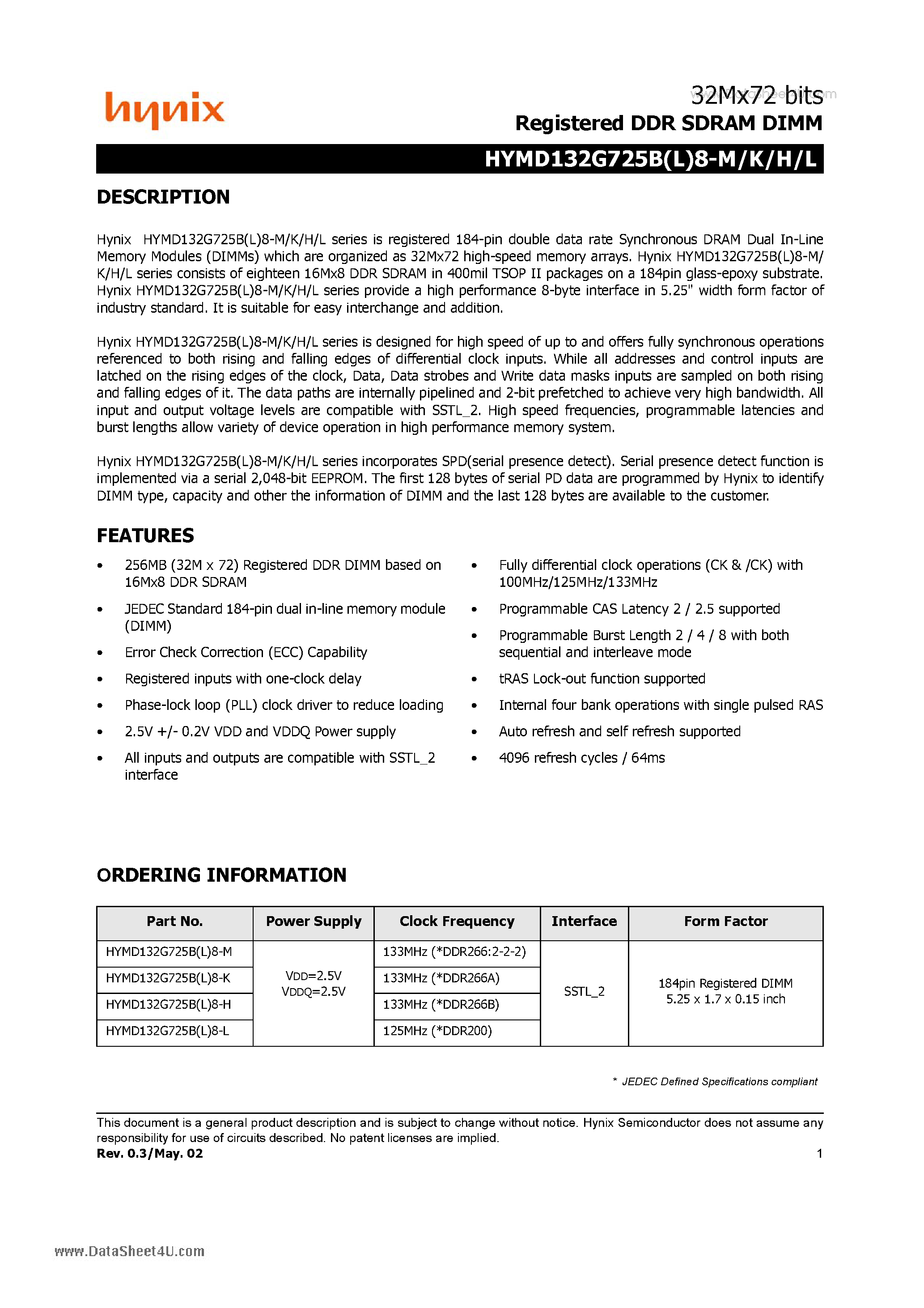 Datasheet HYMD132G725B8-H page 1 Datasheet HYMD132G725B8-H - Registered DDR SDRAM DIMM page 1