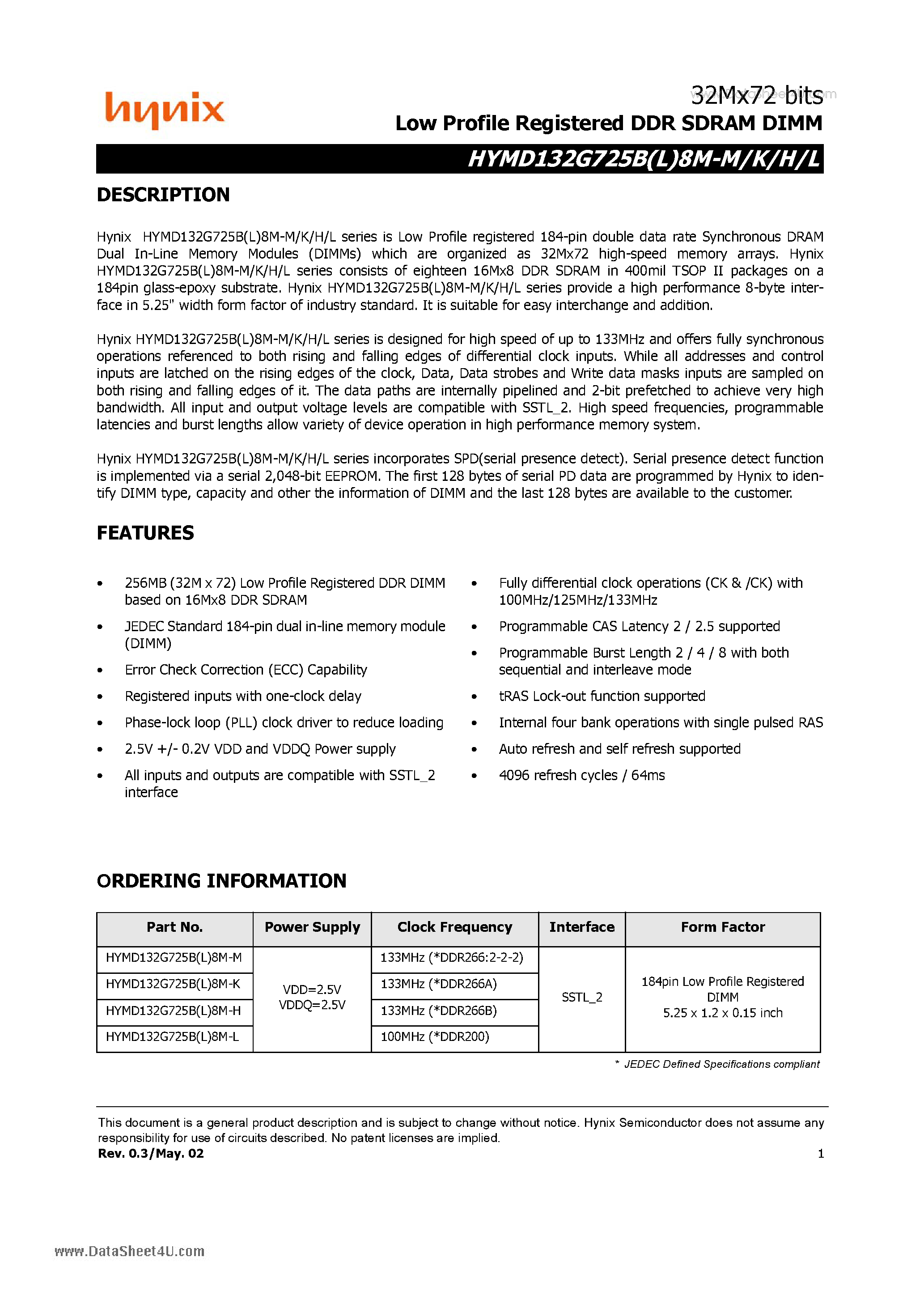 Datasheet HYMD132G725B8M-H page 1 Datasheet HYMD132G725B8M-H - Low Profile Registered DDR SDRAM DIMM page 1