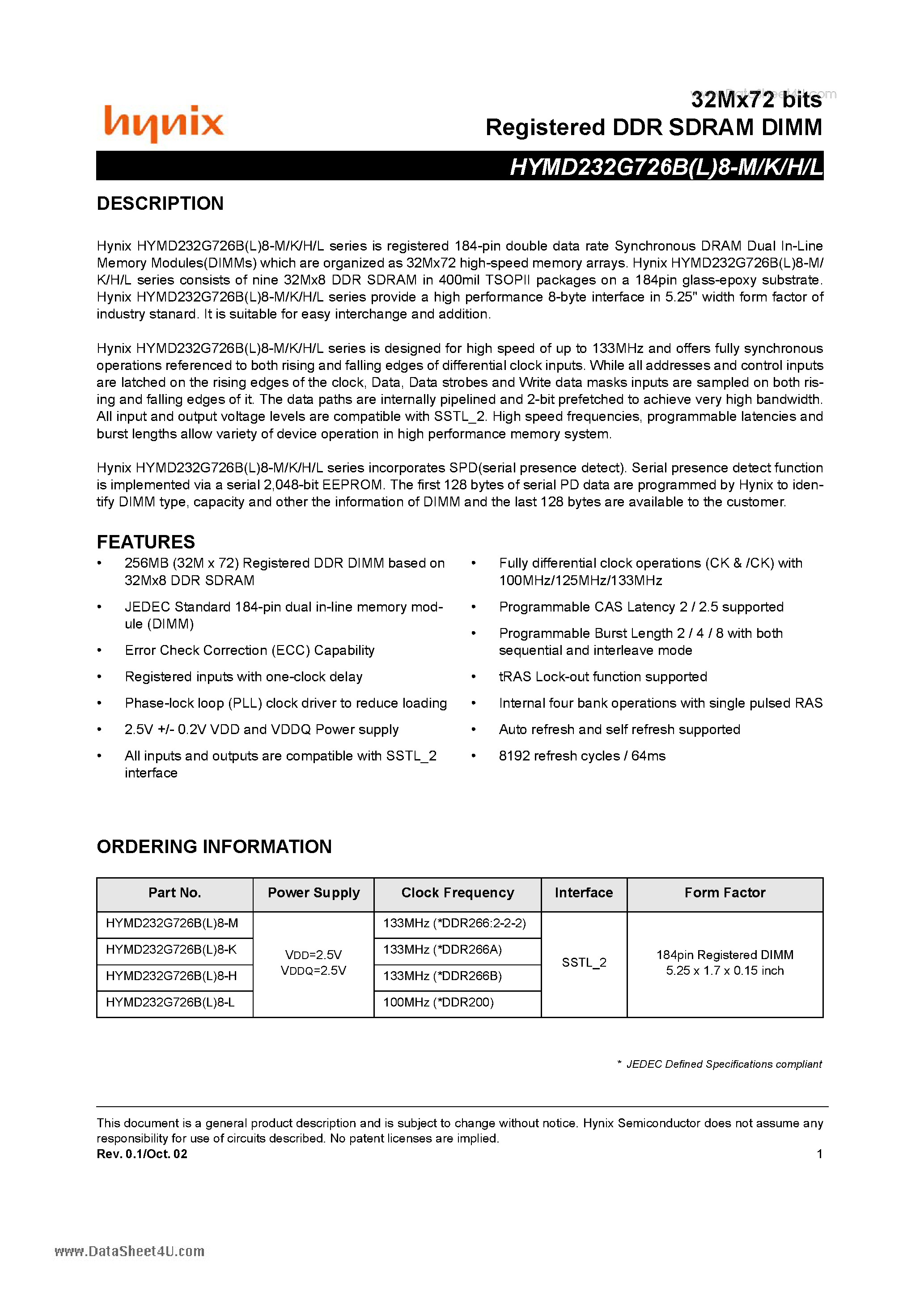 Даташит HYMD232G726B8-H - Registered DDR SDRAM DIMM страница 1