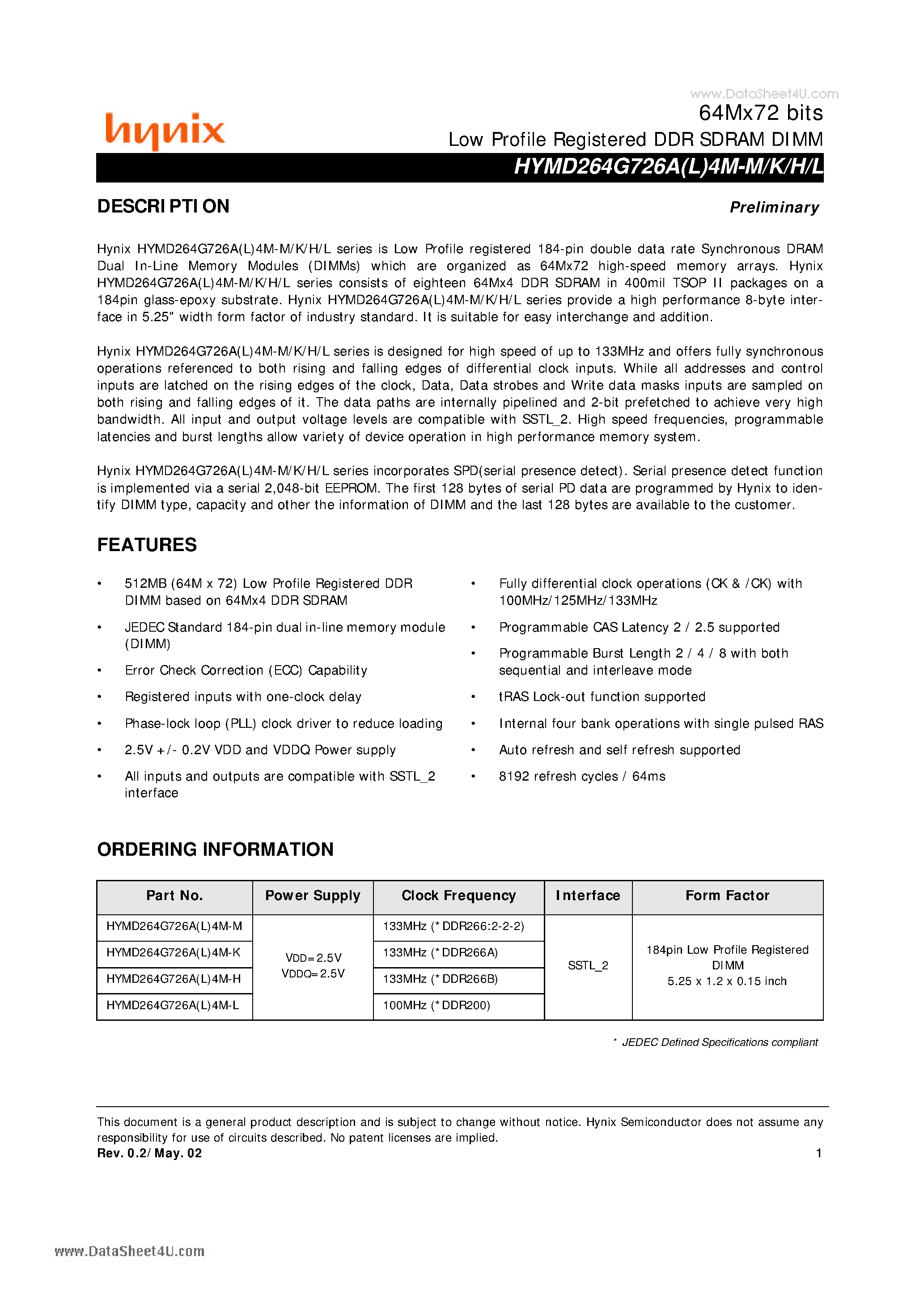 Даташит на микросхему HYMD264G726A4M-H страница 1 Даташит HYMD264G726A4M-H - Low Profile Registered DDR SDRAM DIMM страница 1