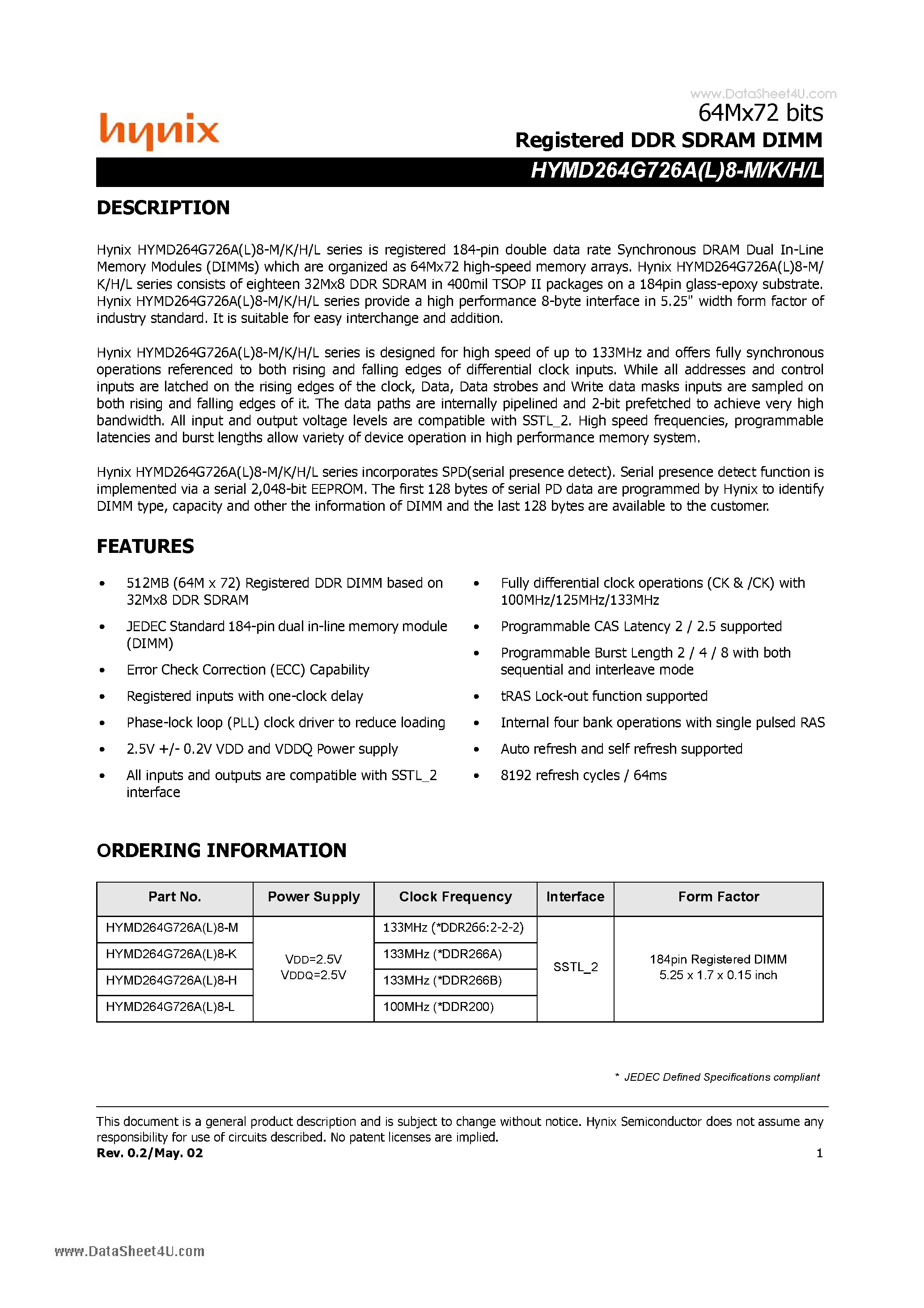 Даташит HYMD264G726A8-H - Registered DDR SDRAM DIMM страница 1
