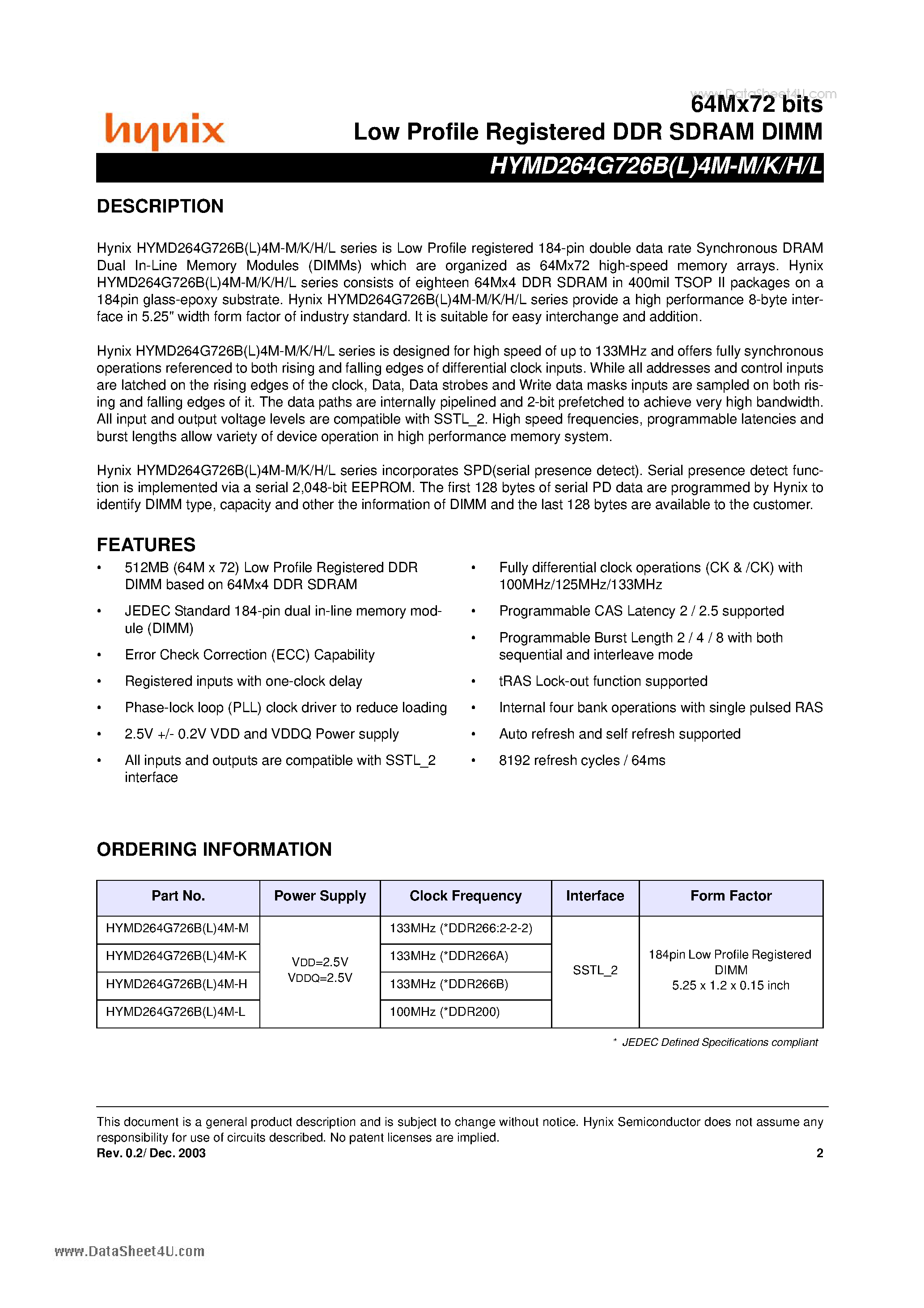 Datasheet HYMD264G726B4M-H - Low Profile Registered DDR SDRAM DIMM page 2