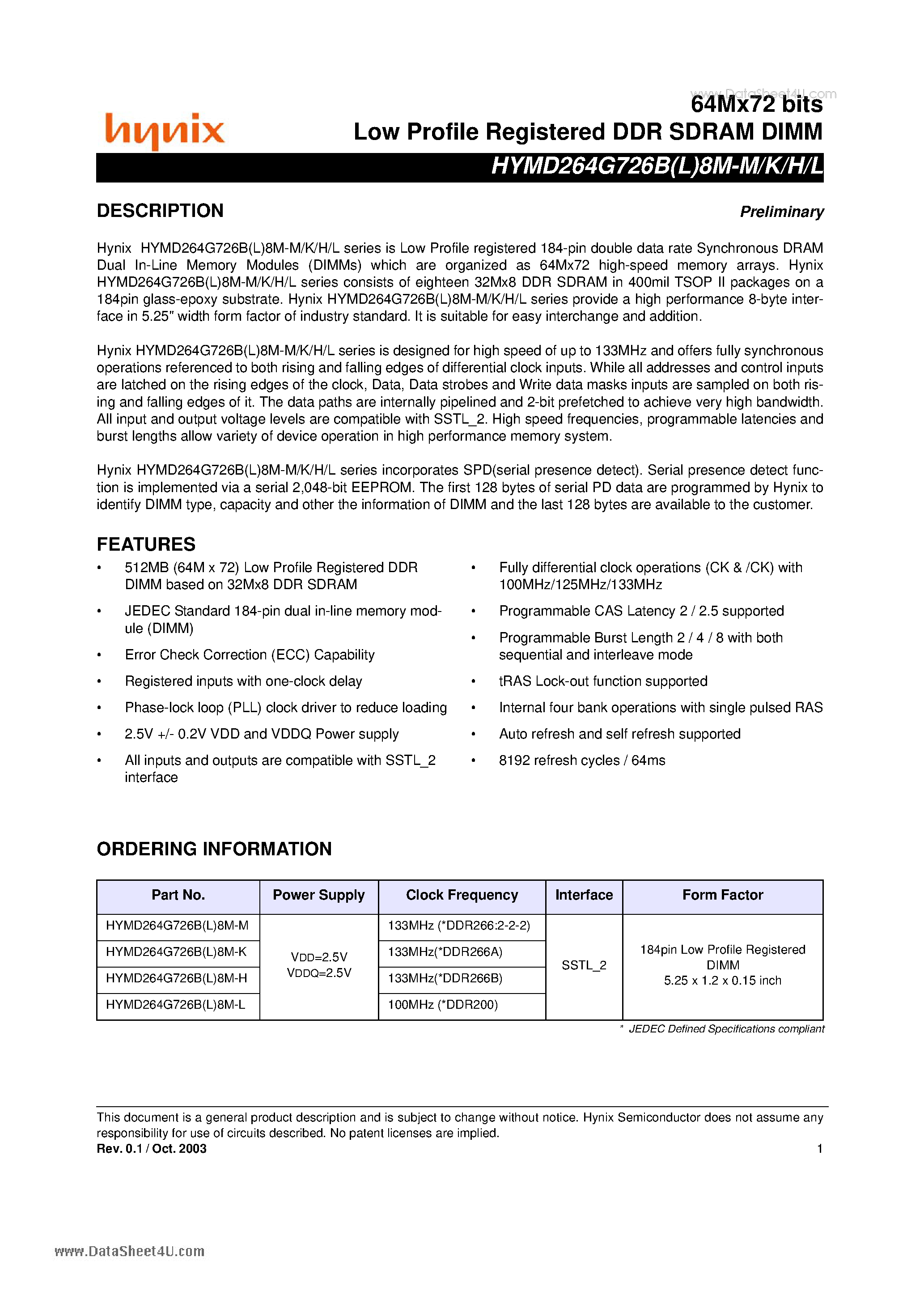 Даташит HYMD264G726B8M-H - Low Profile Registered DDR SDRAM DIMM страница 1