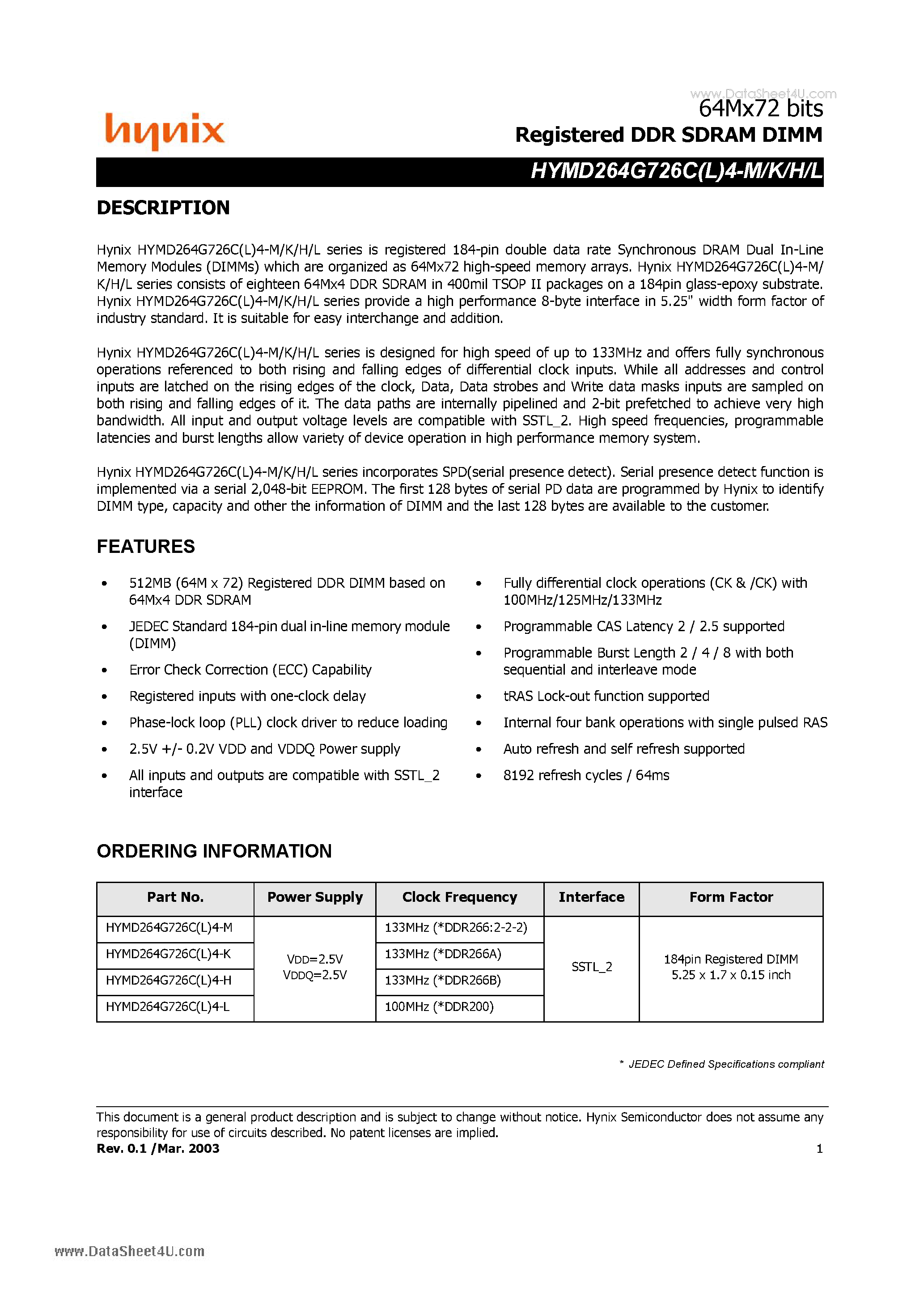 Datasheet HYMD264G726C4-H - Registered DDR SDRAM DIMM page 1